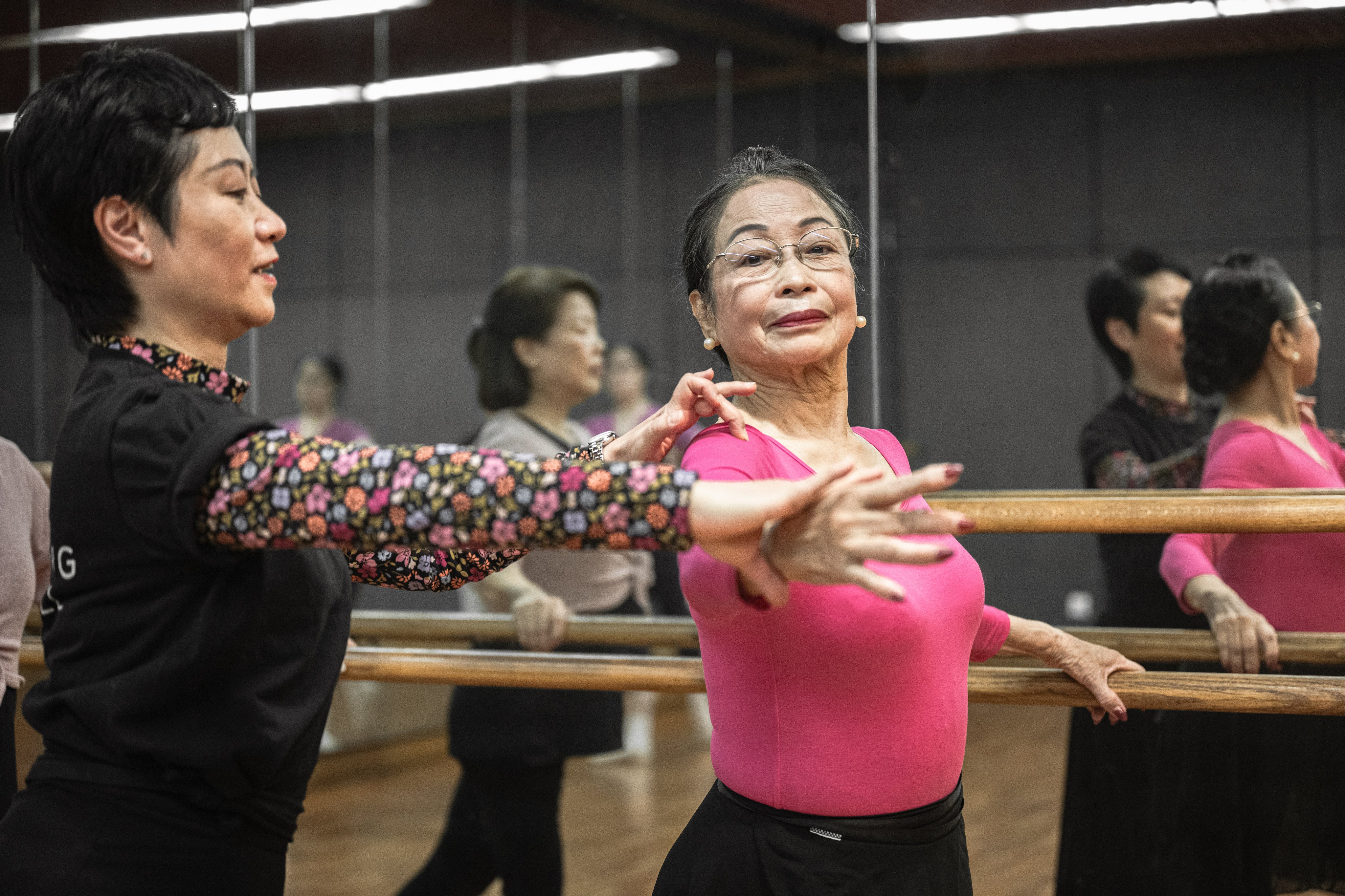 Silver Ballet participant Mary Chan (right) practises at the Hong Kong Cultural Centre, in Tsim Sha Tsui. Photo: Eugene Chan