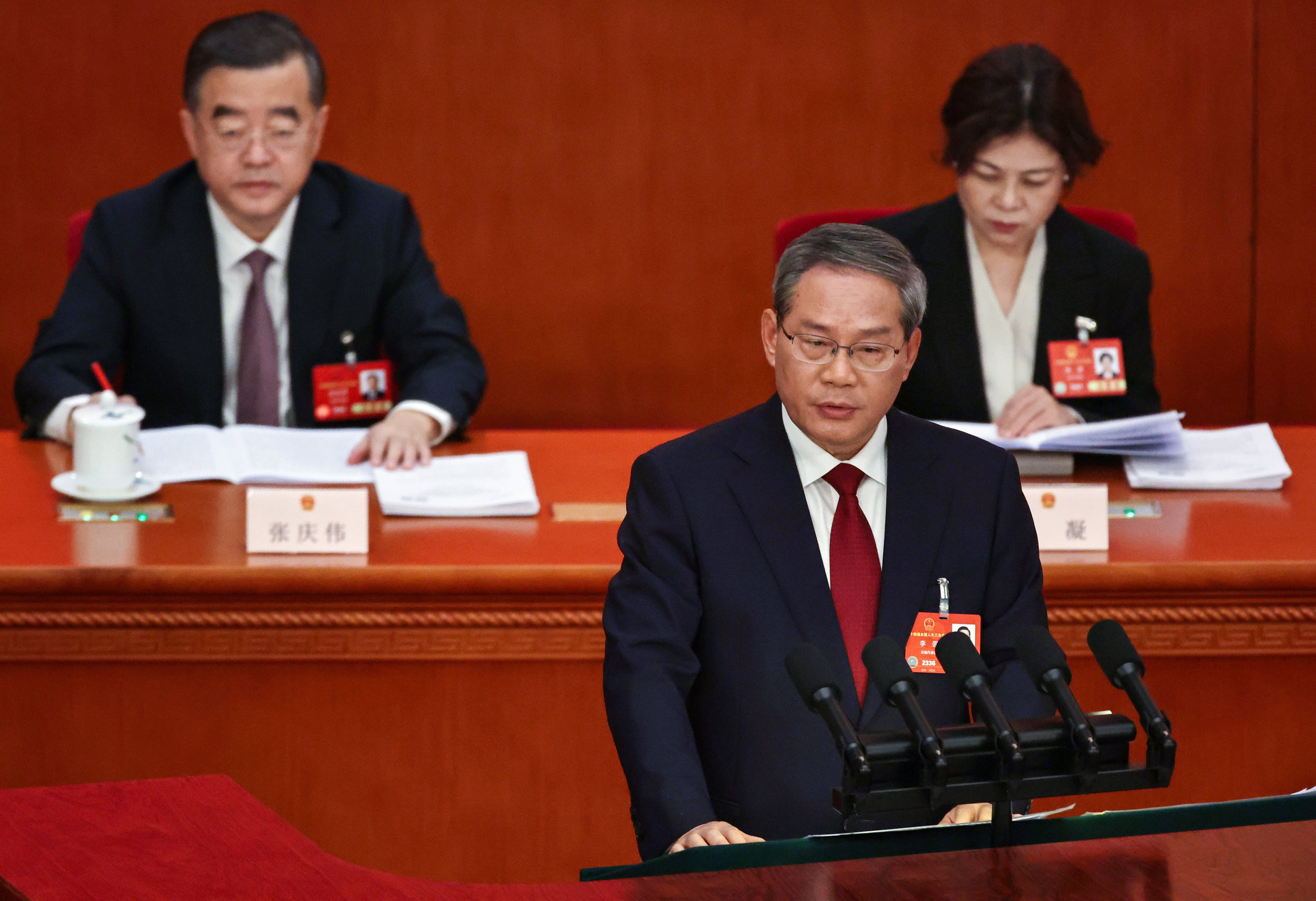 Premier Li Qiang speaks during the opening ceremony of the third session of China’s 14th National People’s Congress on March 5. Photo: EPA-EFE