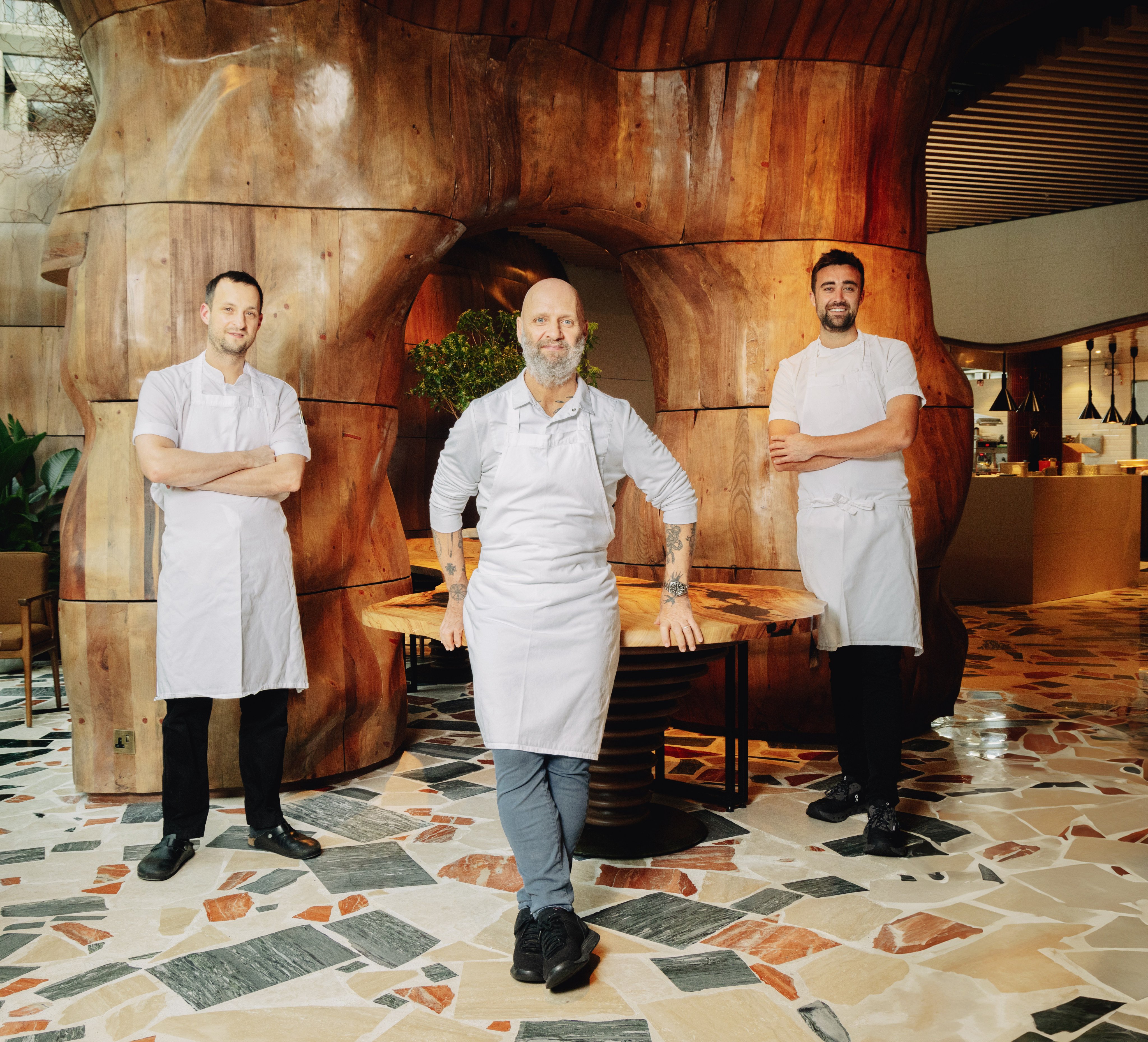 Simon Rogan (centre) with chefs Adam Catterall (left) and Oli Marlow, at Roganic. Photo: Jocelyn Tam