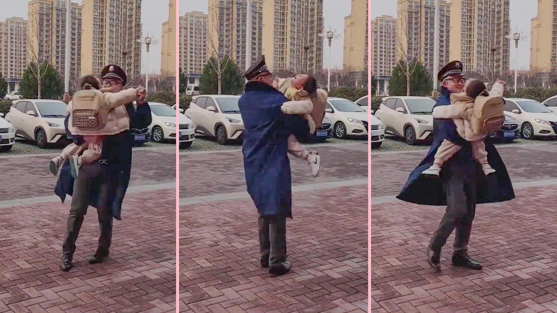 A kindergarten security guard in China has wowed millions of people online after he waltzed with a little girl who was upset because her mother was late in picking her up. Photo: SCMP composite/Douyin