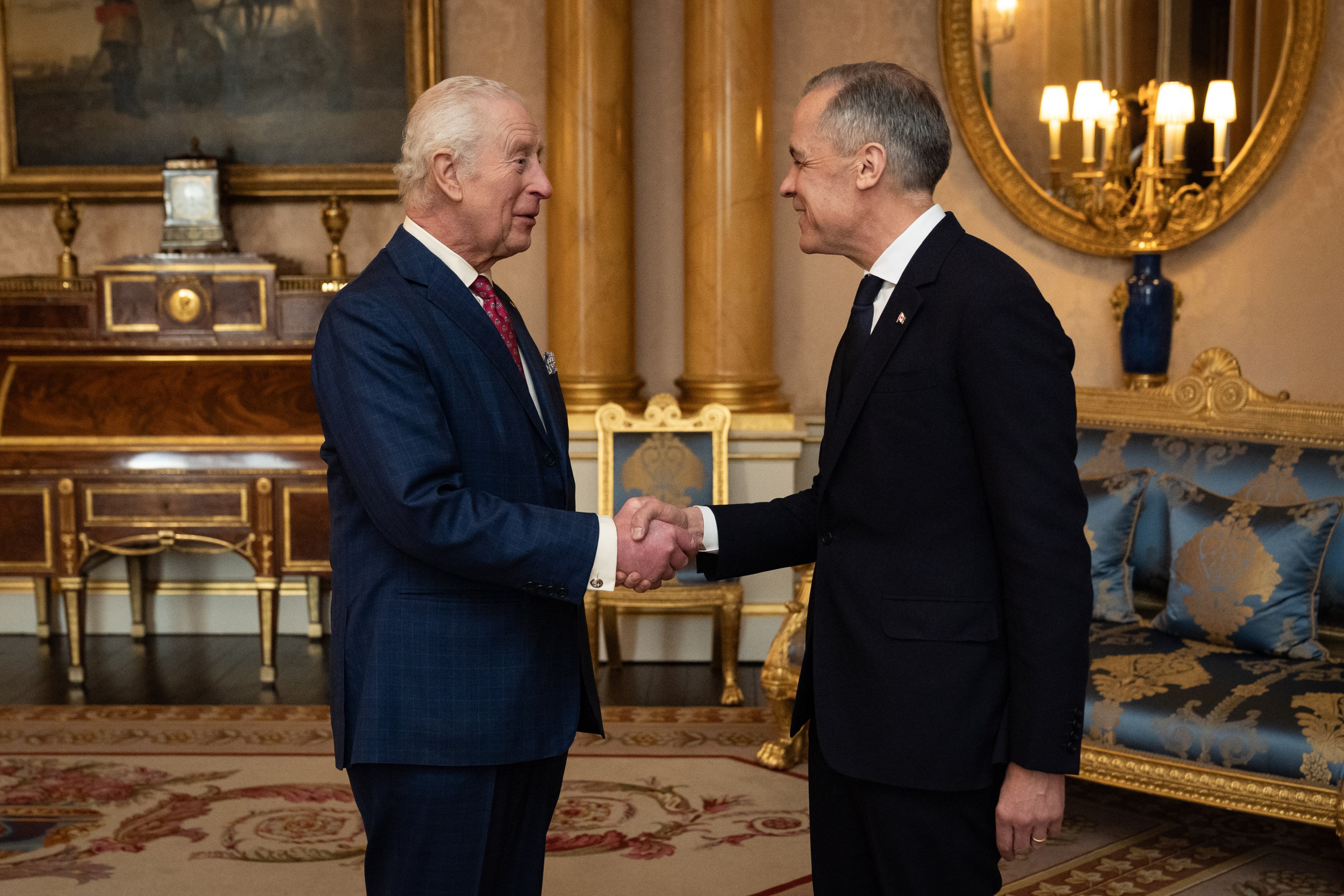 Britain’s King Charles, left, with Canada’s Prime Minister Mark Carney at Buckingham Palace, London on Monday. Photo: PA Wire / dpa