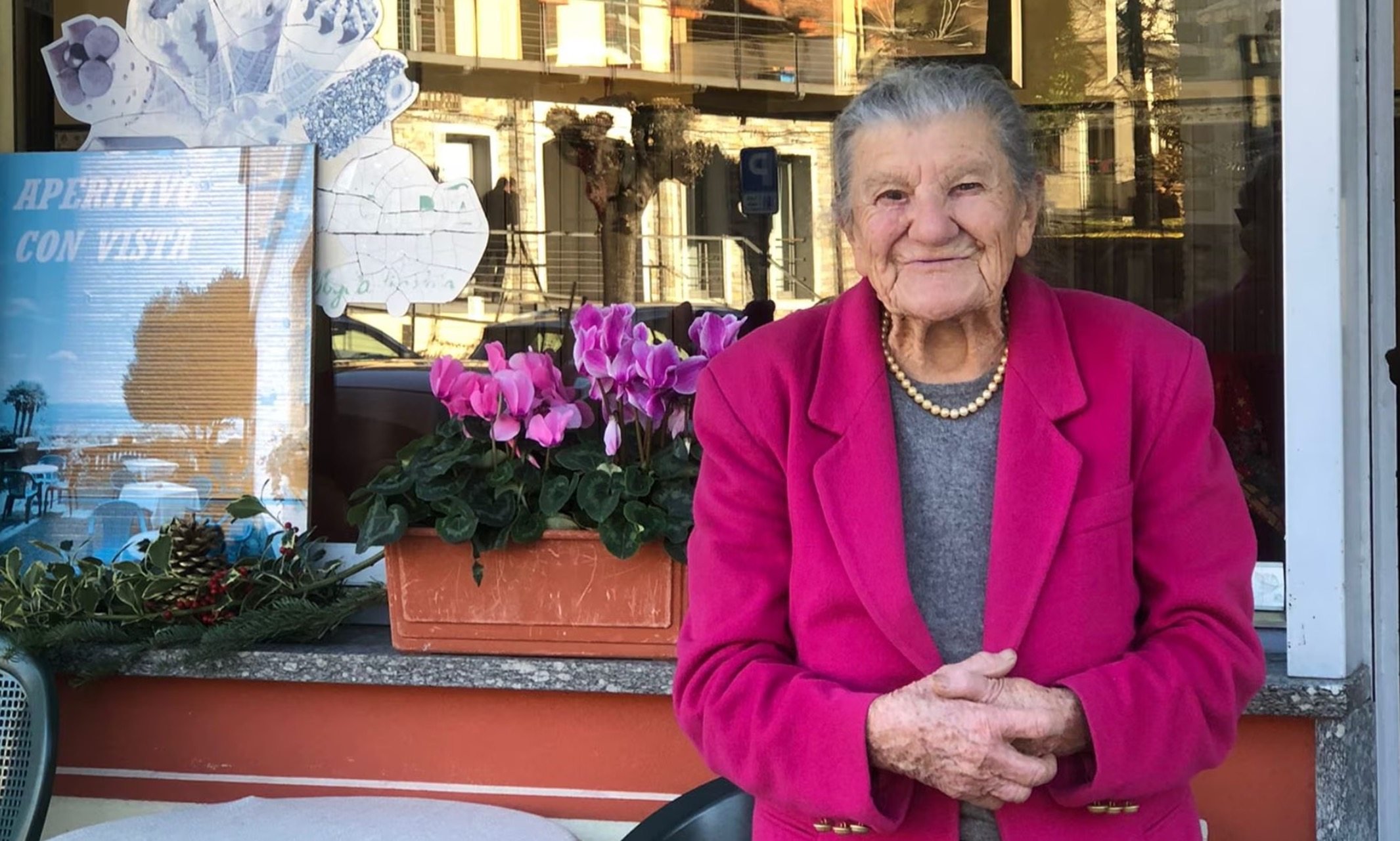 Anna Possi, 100, outside her cafe Bar Centrale in Nebbiuno, in northern Italy, where she has been serving coffee every day for 67 years. Photo: courtesy of Anna Possi