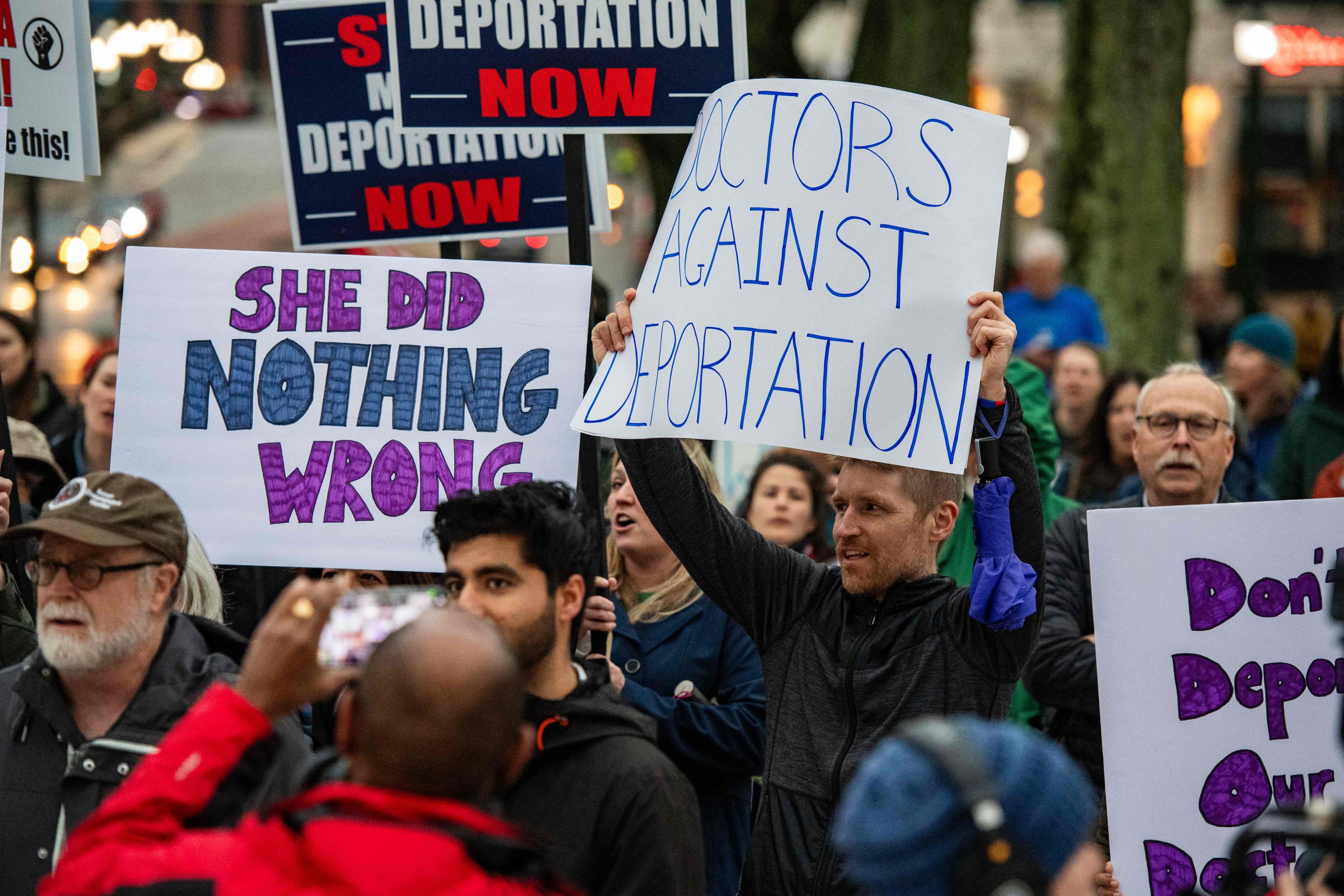 Demonstrators protest the deportation of Dr Rasha Alawieh of Brown University at the State House in Providence, Rhode Island. Photo: AFP