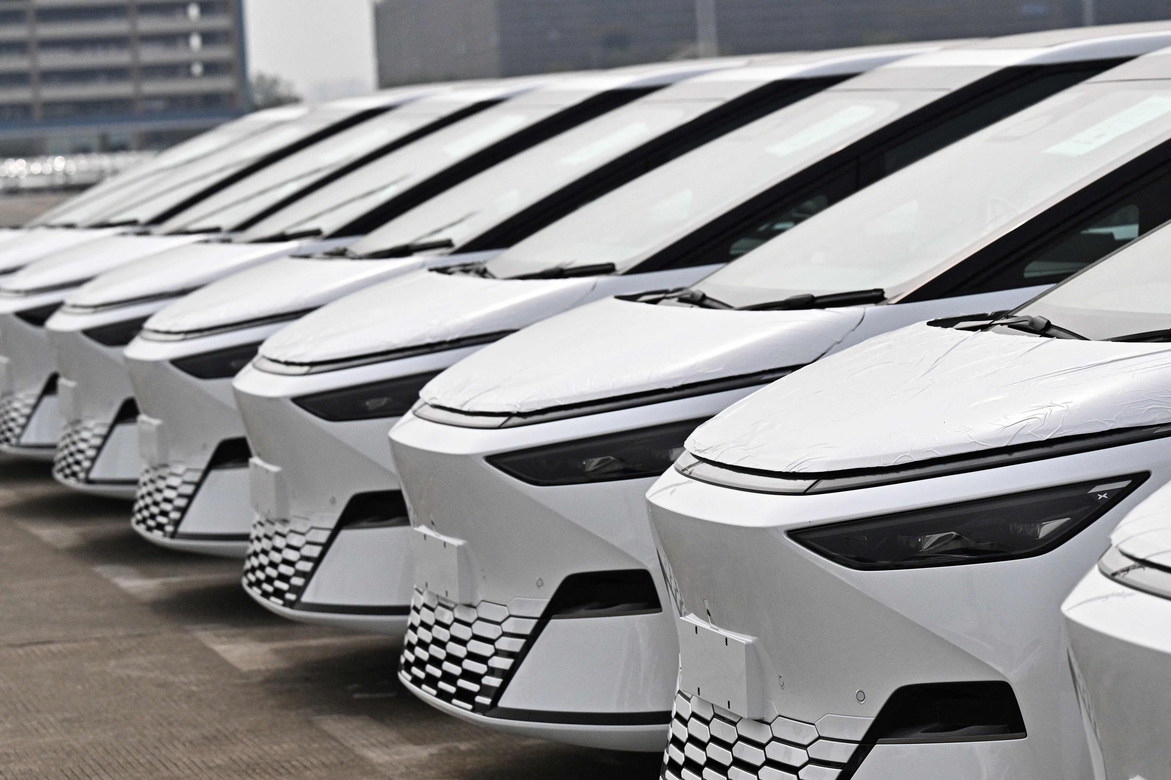 Xpeng X9 electric vehicles at a port in Guangzhou. Photo: AFP