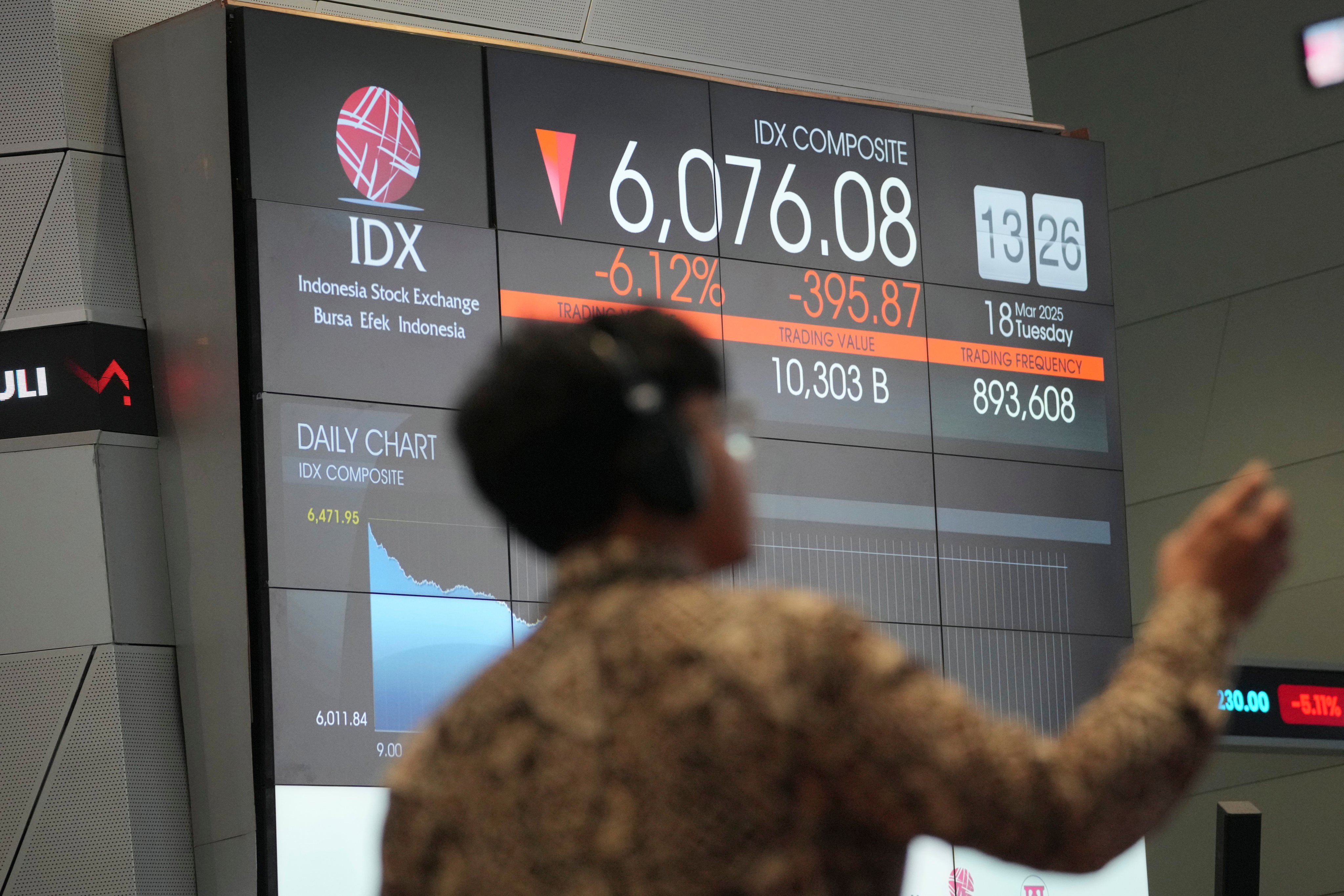 An electronic board displays Jakarta composite index at Indonesia Stock Exchange in Jakarta on Tuesday. Photo: AP