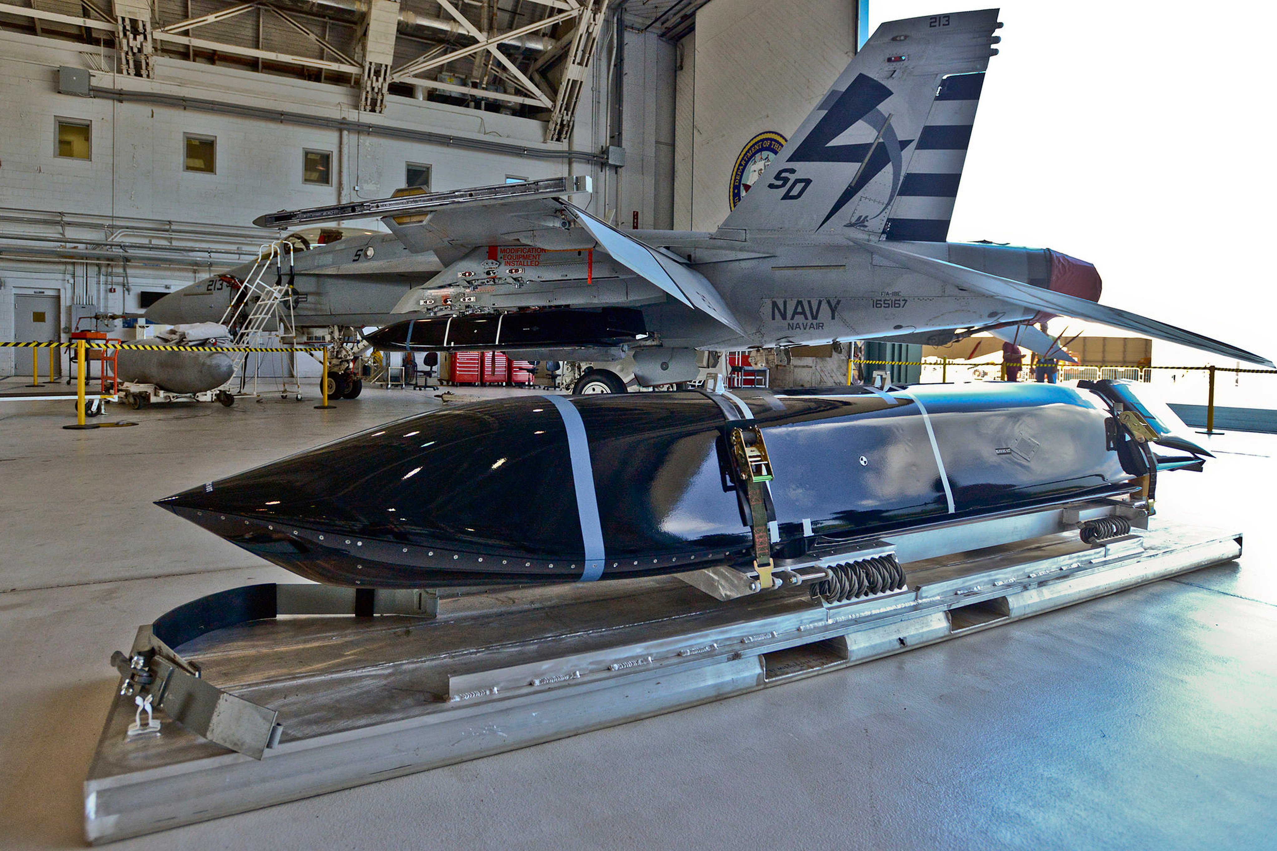 A Long Range Anti-Ship Missile sits next to an F/A-18E/F Super Hornet. The weapon could play a significant role in a potential conflict in the Asia-Pacific region. Photo: US Navy