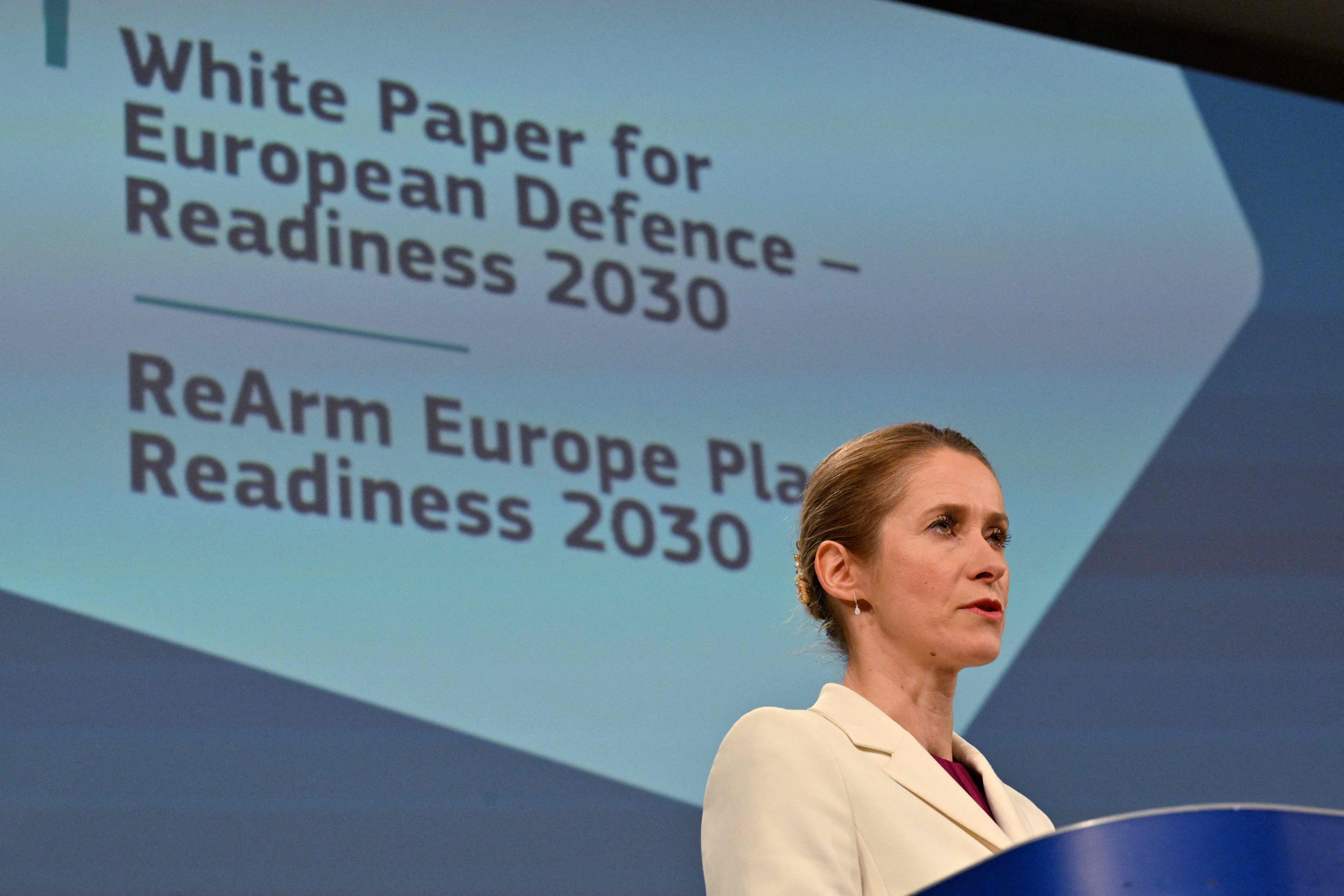 EU High Representative and Vice-President for Foreign Affairs and Security Policy, Kaja Kallas gives a press conference to unveil the White Paper for European Defence Readiness 2030 at the EU headquarters in Brussels on March 19, 2025. Photo: AFP