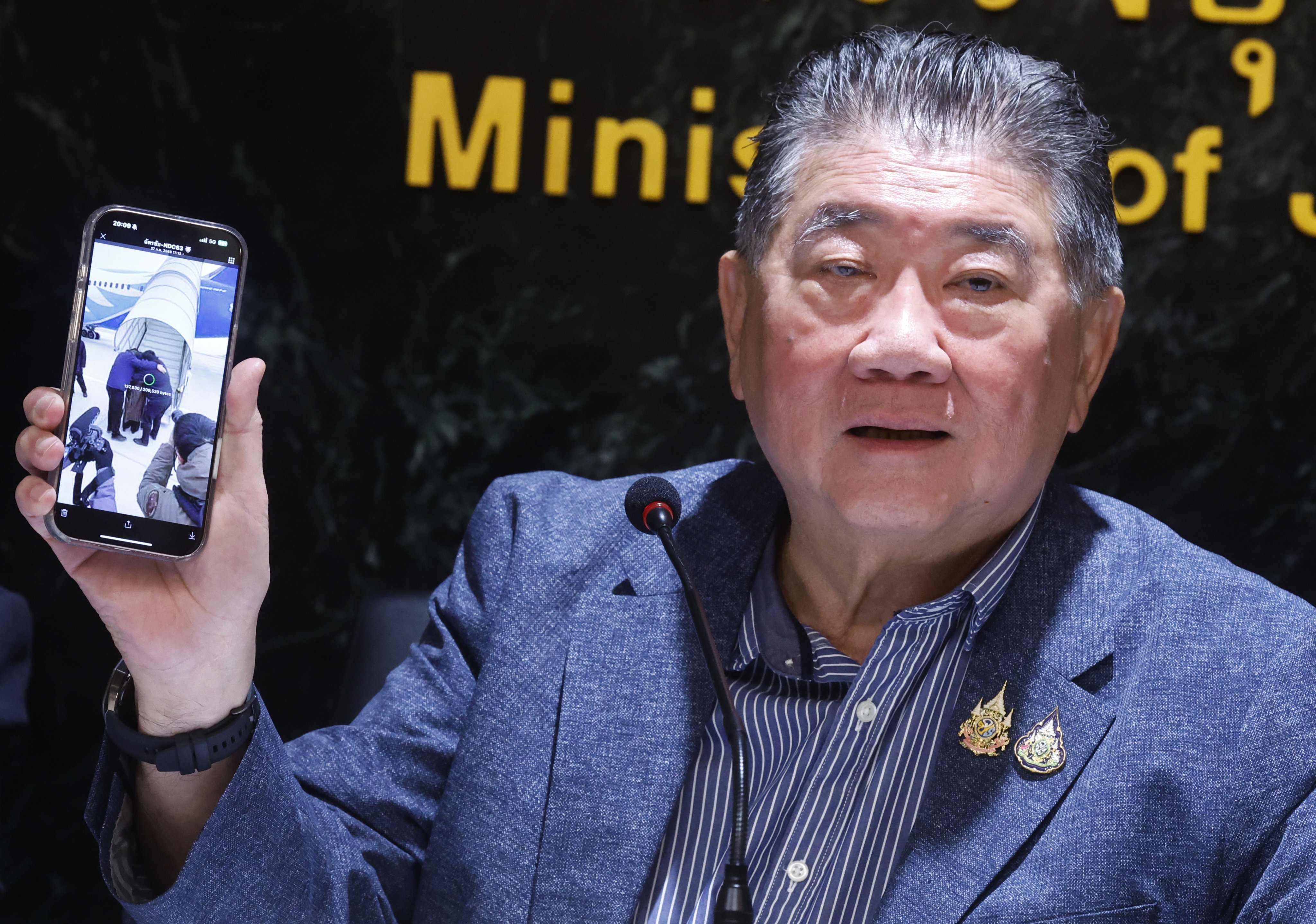 Phumtham Wechayachai, the deputy prime minister and defence minister of Thailand, addresses a press conference on the deportation of Uygurs detained in Thailand, in Bangkok on February 27. Photo: EPA-EFE