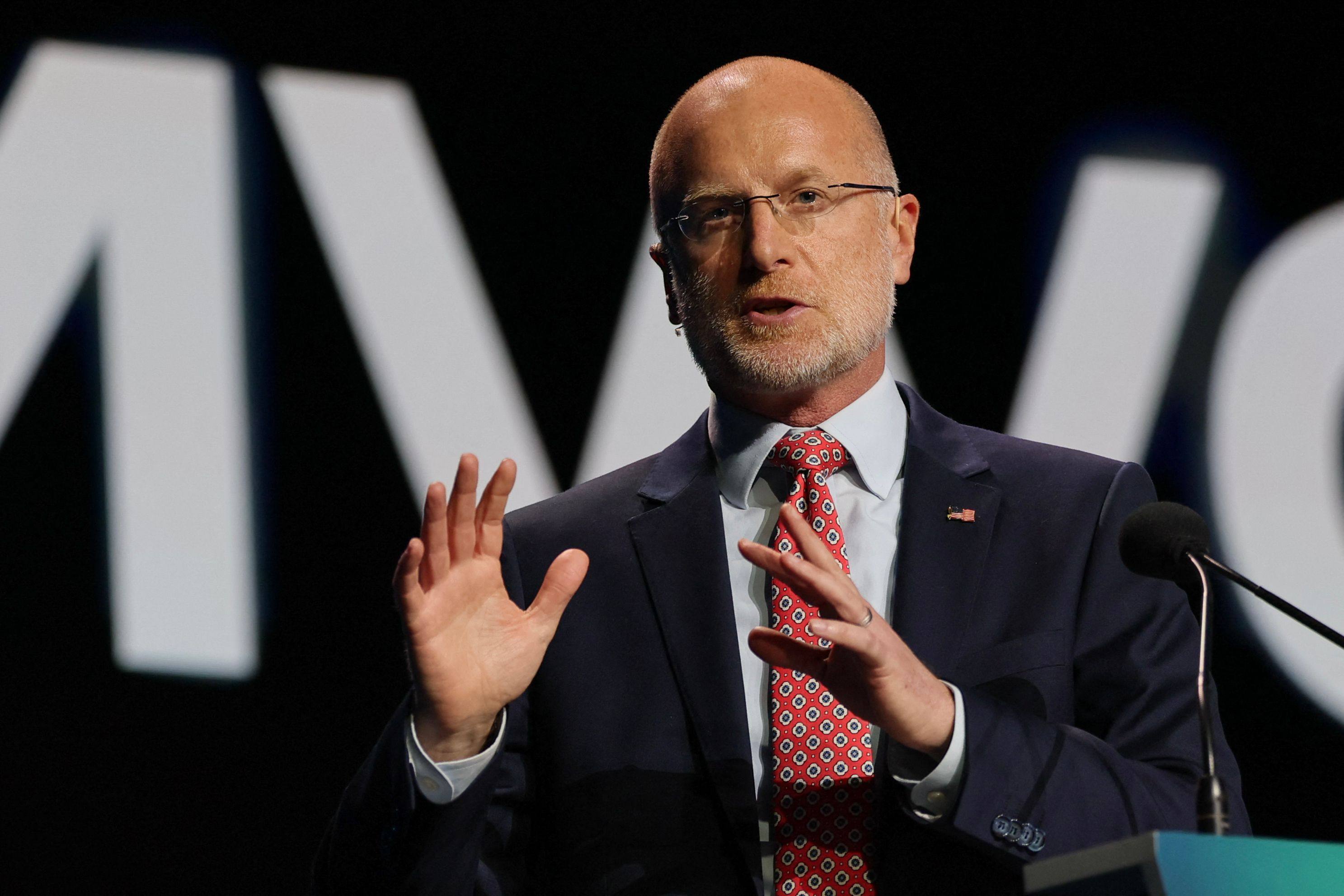 Brendan Carr, chairman of the US Federal Communications Commission, delivers a speech at the Mobile World Congress in Barcelona on March 3. Photo: AFP