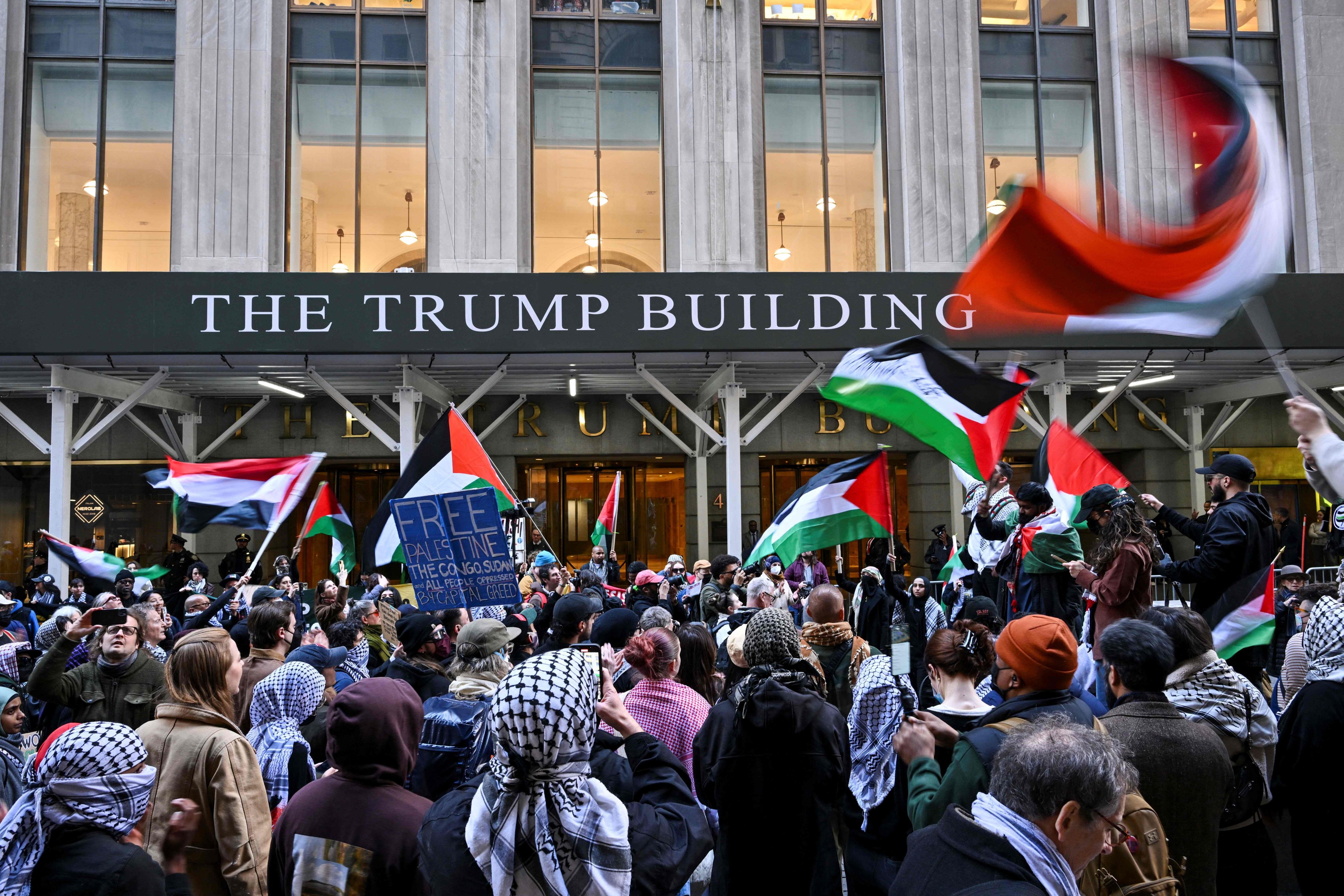 People protest during a pro-Palestinian demonstration at the Trump Building in New York on Wednesday. Photo: AFP