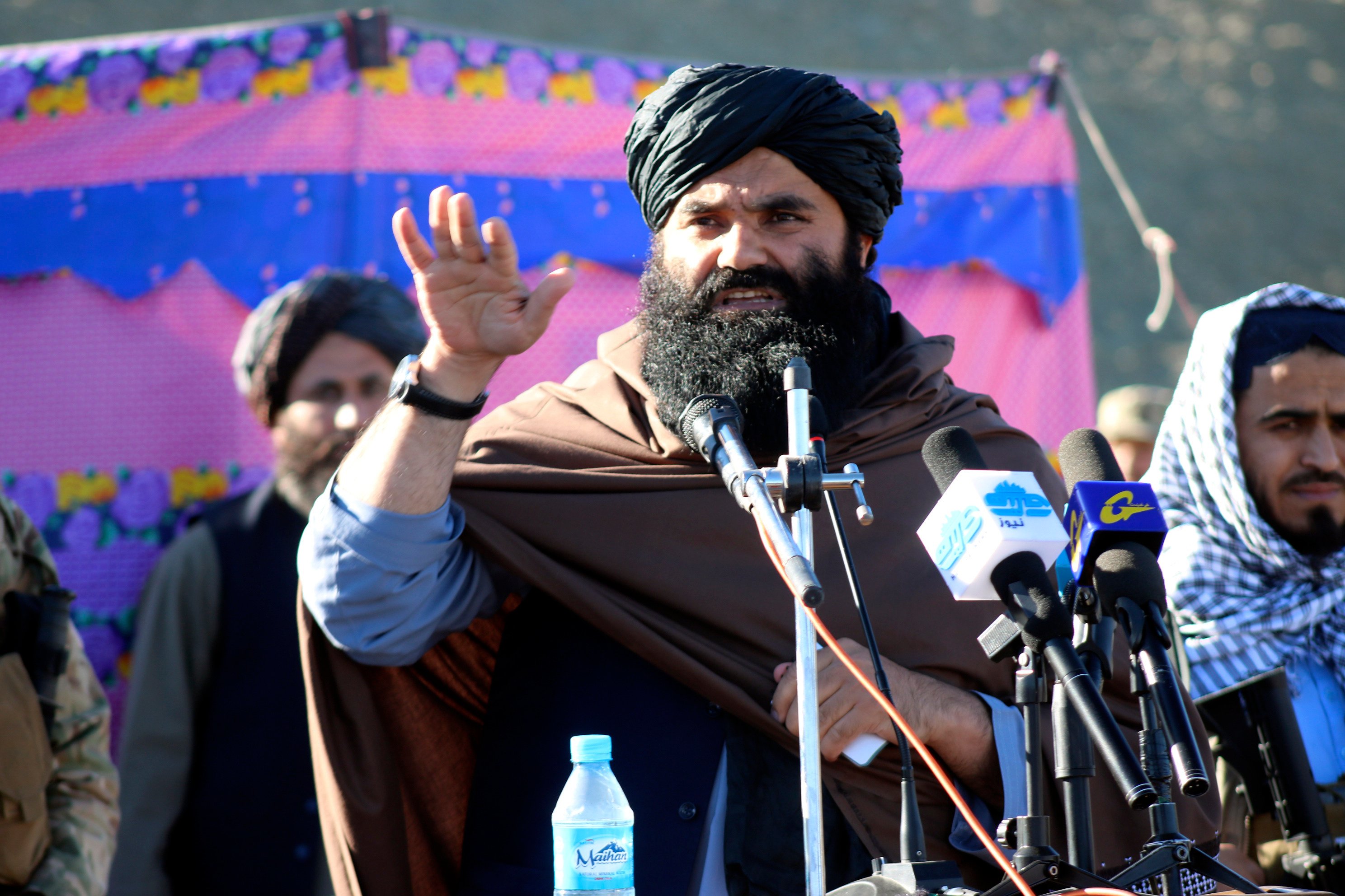 Sirajuddin Haqqani speaks during the funeral prayers of Khalil Haqqani, during his funeral procession in eastern Paktia province, Afghanistan, on December 12. Photo: AP