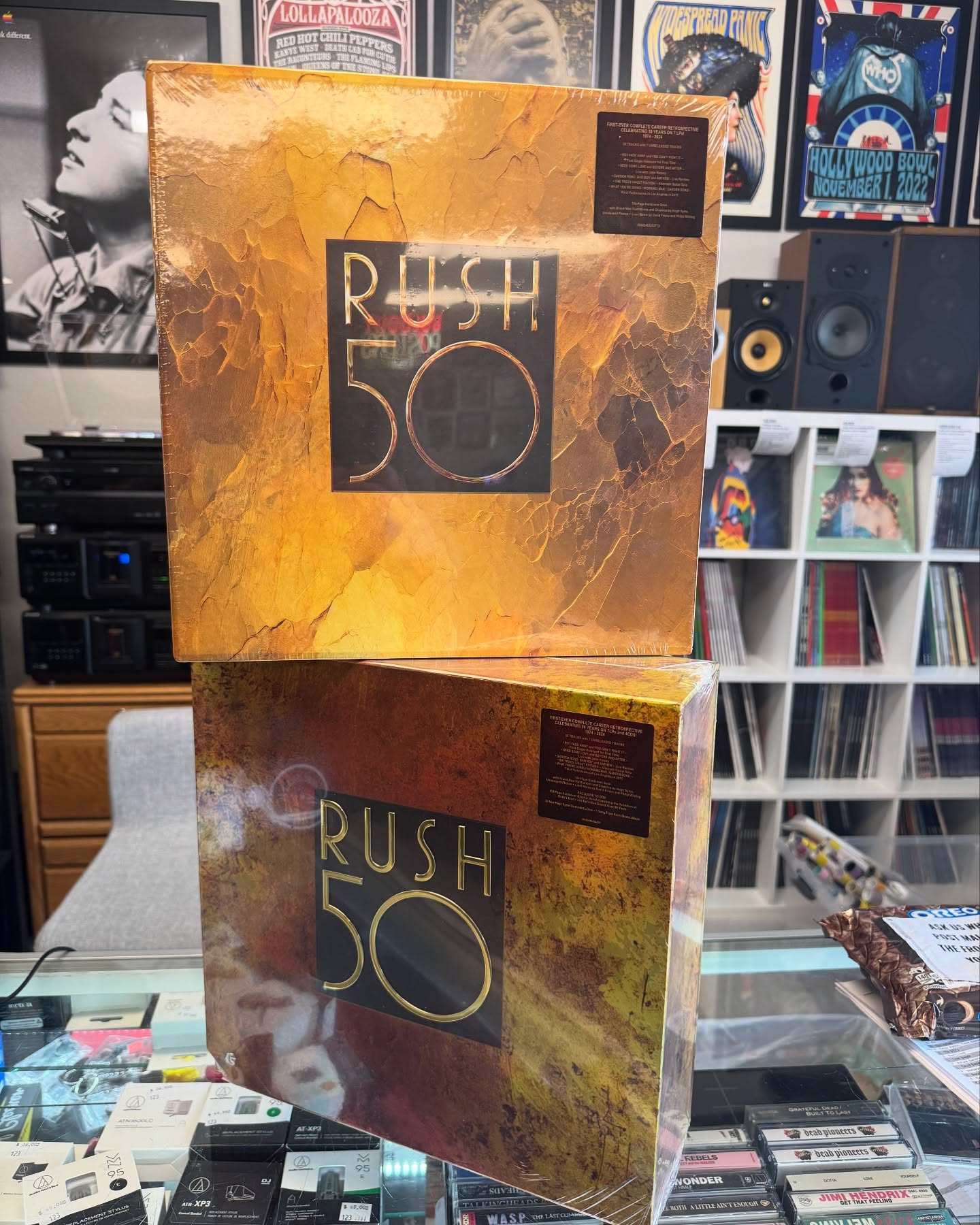 Canadian rock giants Rush are celebrating 50 years with a 50-song box set. Above: the vinyl version of Rush 50 on display in a record store in the US state of Colorado. Photo: Instagram/soldoutvinylrecords