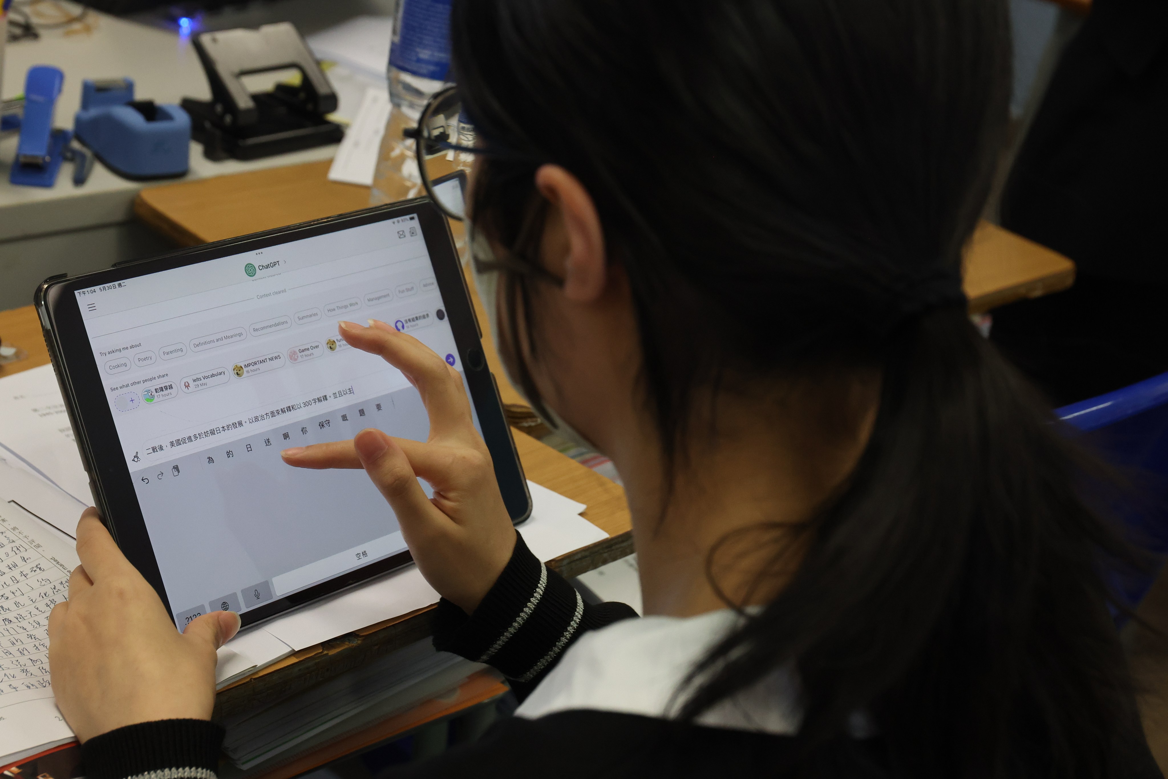 A student uses ChatGPT on May 30, 2023, at a school in Hong Kong that has adopted the generative AI tool in the classroom. Photo: Edmond So