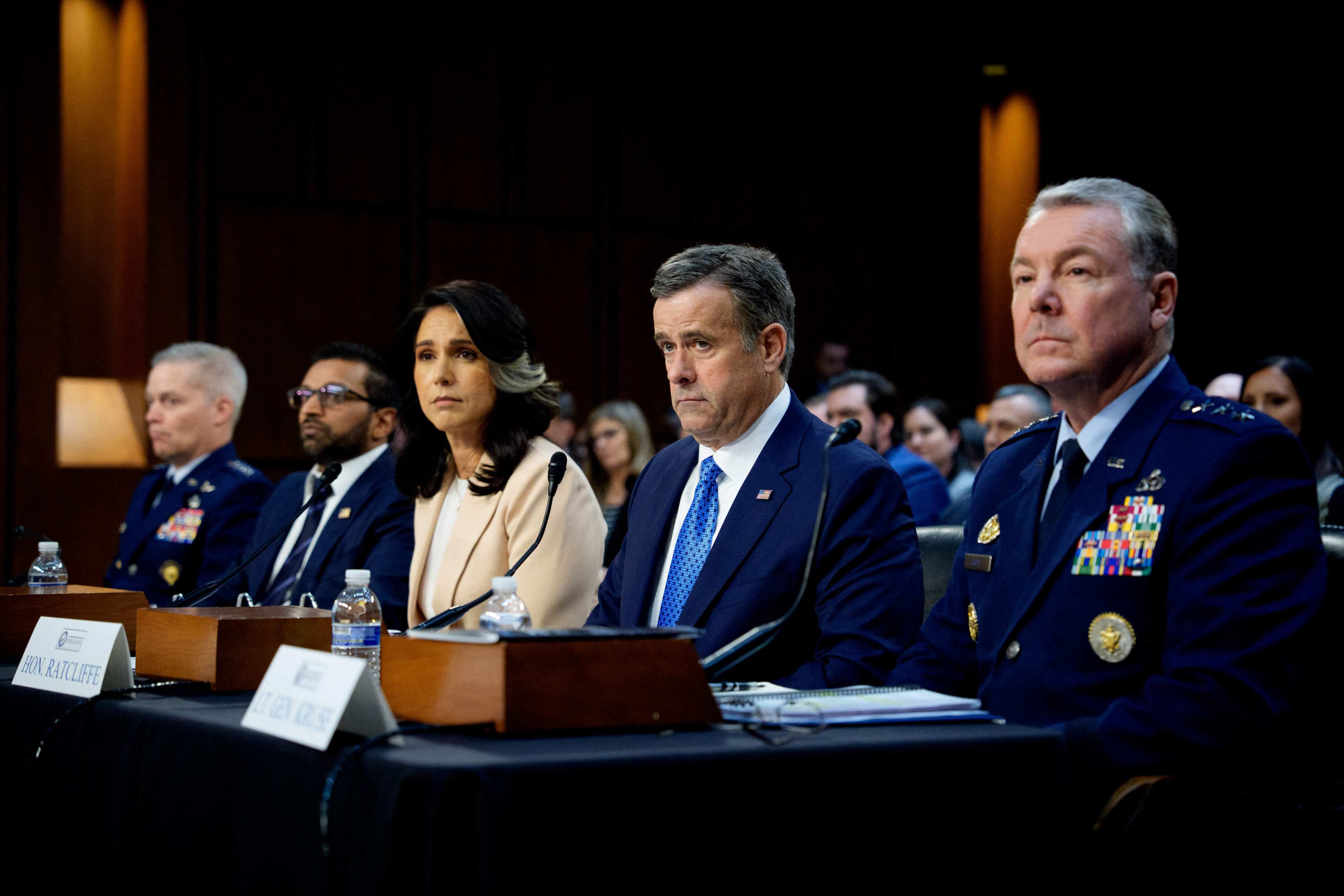 Left to right: National Security Agency Director General Timothy Haugh, FBI Director Kash Patel, Director of National Intelligence Tulsi Gabbard, Central Intelligence Agency Director John Ratcliffe, and Defense Intelligence Agency Director Jeffrey Kruse appear during a Senate Committee on Intelligence Hearing on Tuesday in Washington. Photo: AFP