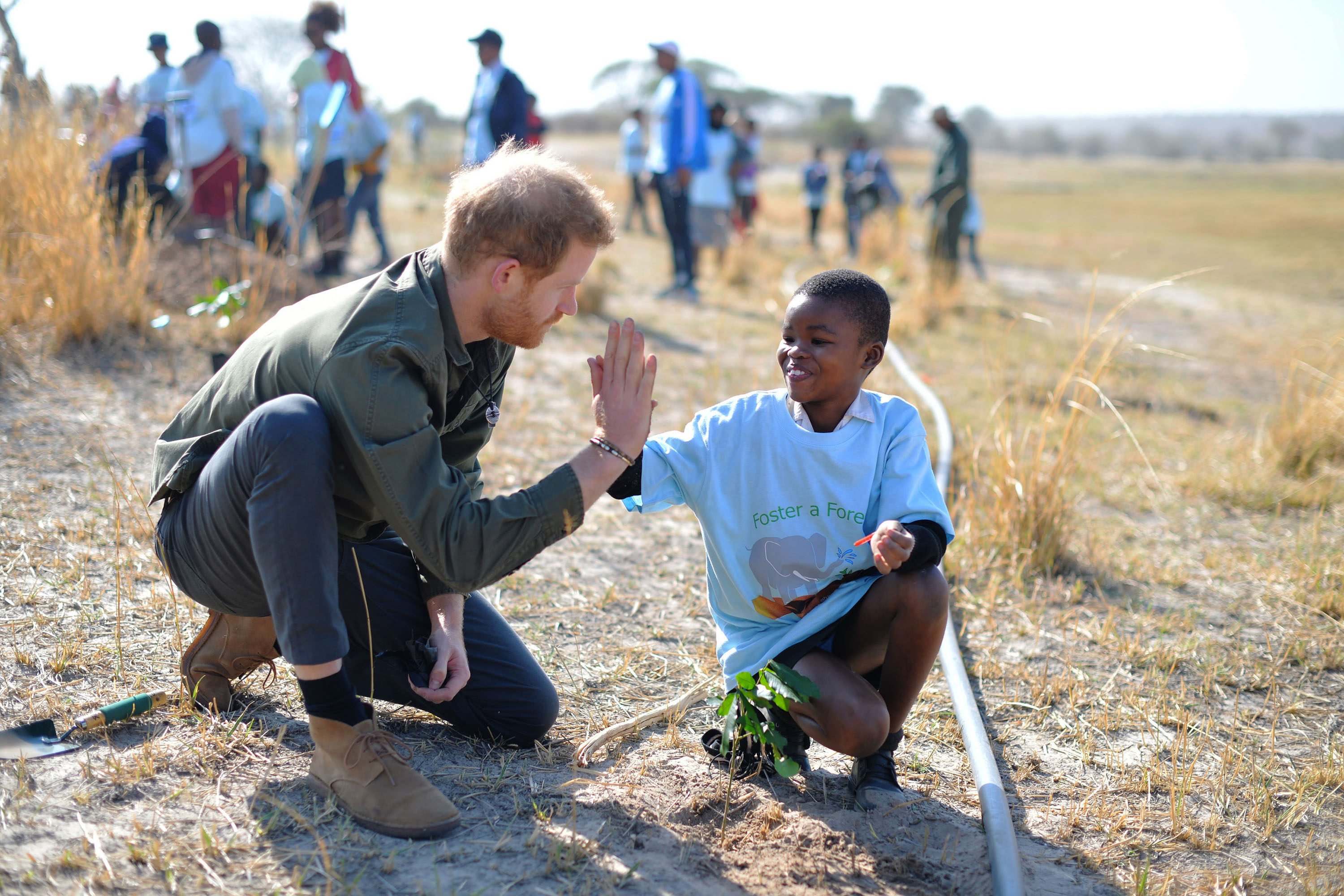Prince Harry helps local schoolchildren plant trees in Botswana in 2019. File photo: TNS