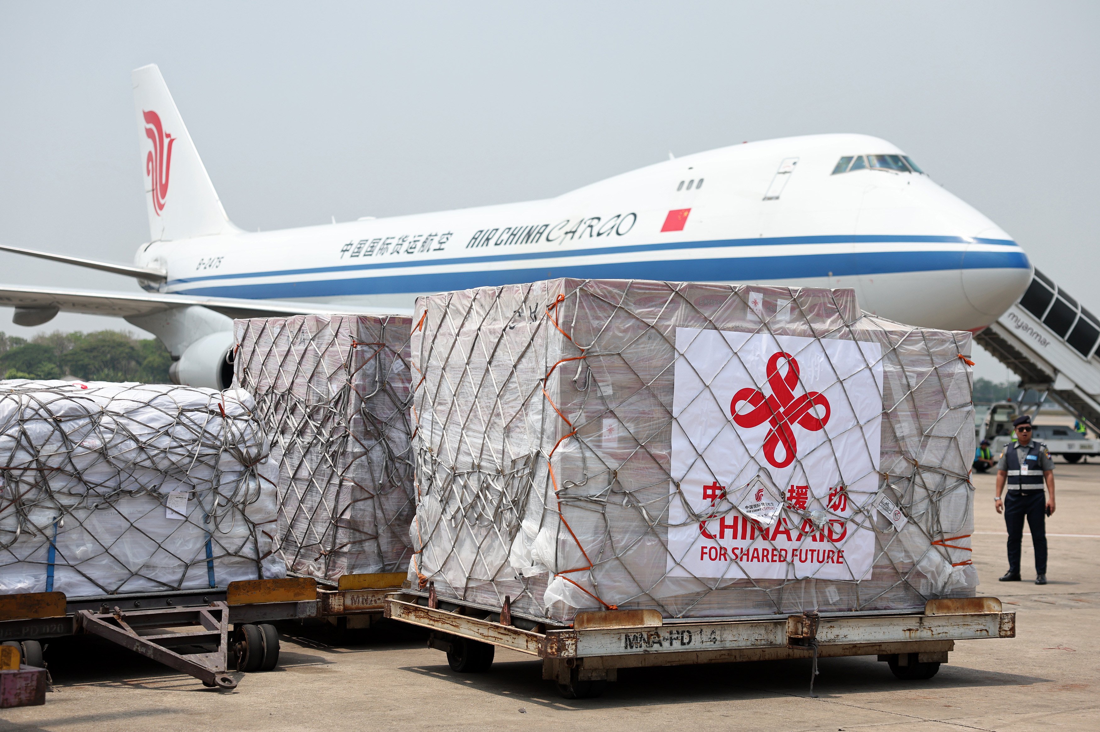 The Chinese government’s second batch of emergency supplies arrives at Yangon International Airport on Thursday. Photo: Xinhua