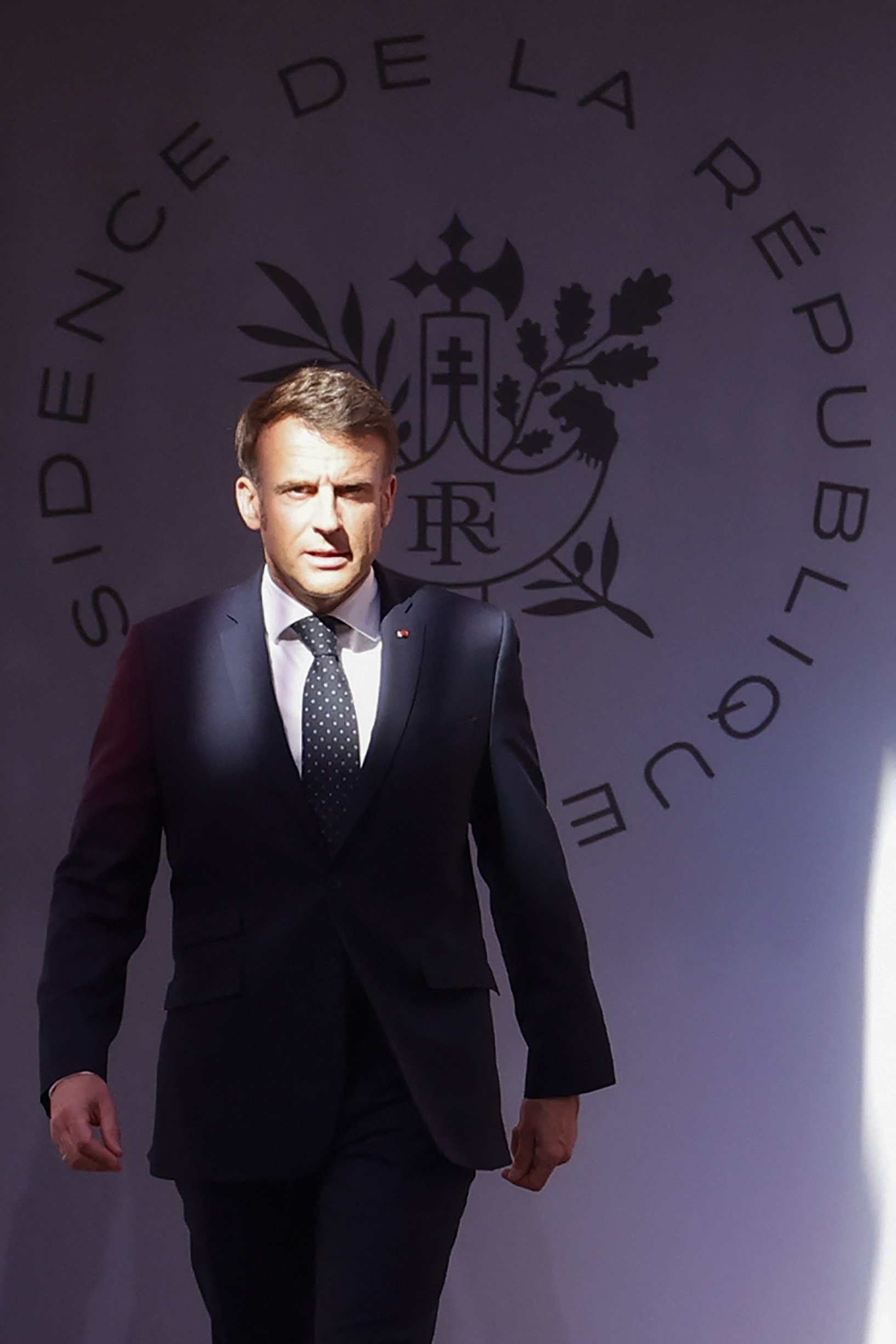 France’s President Emmanuel Macron arrives for a meeting with representatives of the sectors affected by US tariffs, at the Elysee Palace in Paris on Thursday. Photo: AFP