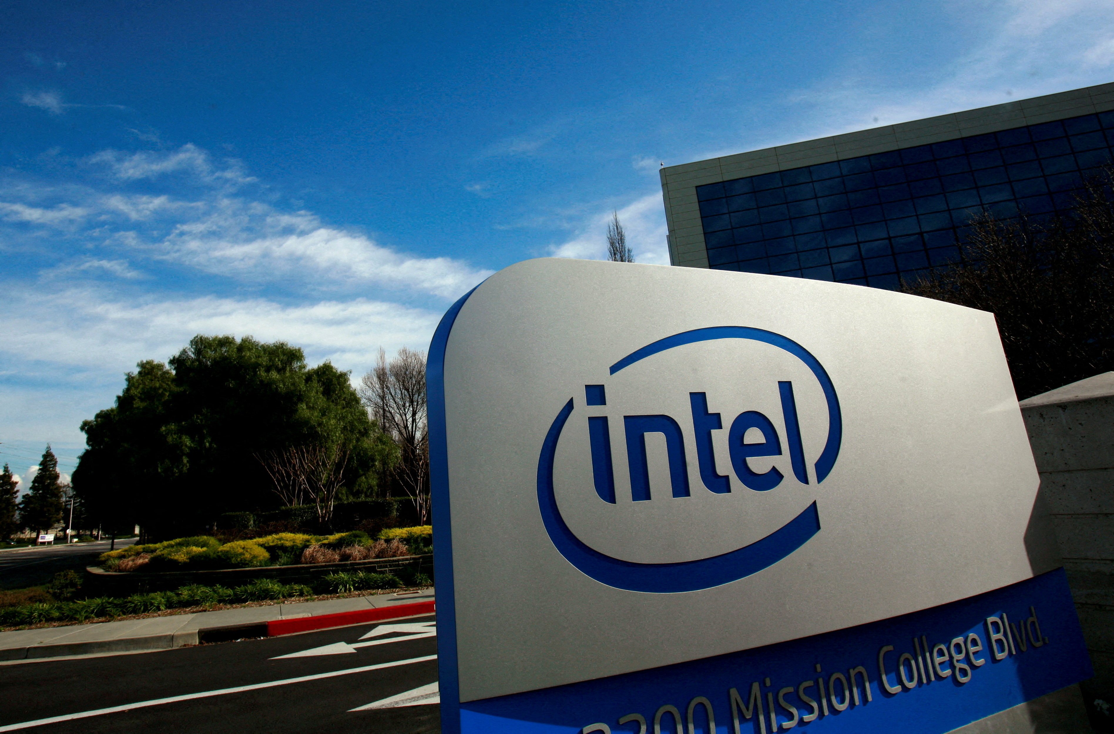 The Intel logo is displayed at the entrance to its headquarters in Santa Clara, California.  Photo: Reuters