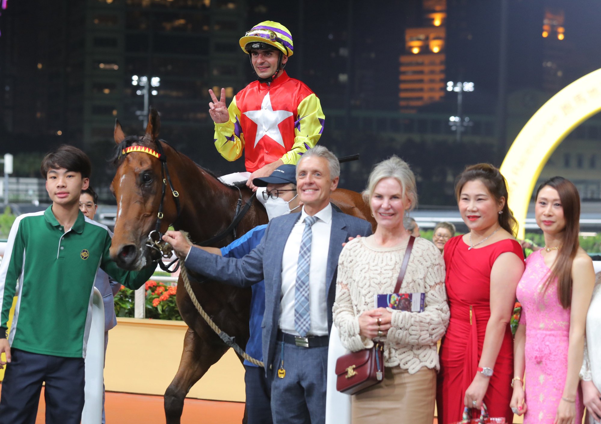 Andrea Atzeni returns to the winners’ enclosure on Crimson Flash.