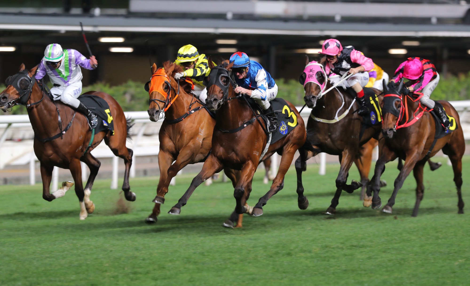 Sunday’s Serenade (centre) rockets home under Zac Purton.