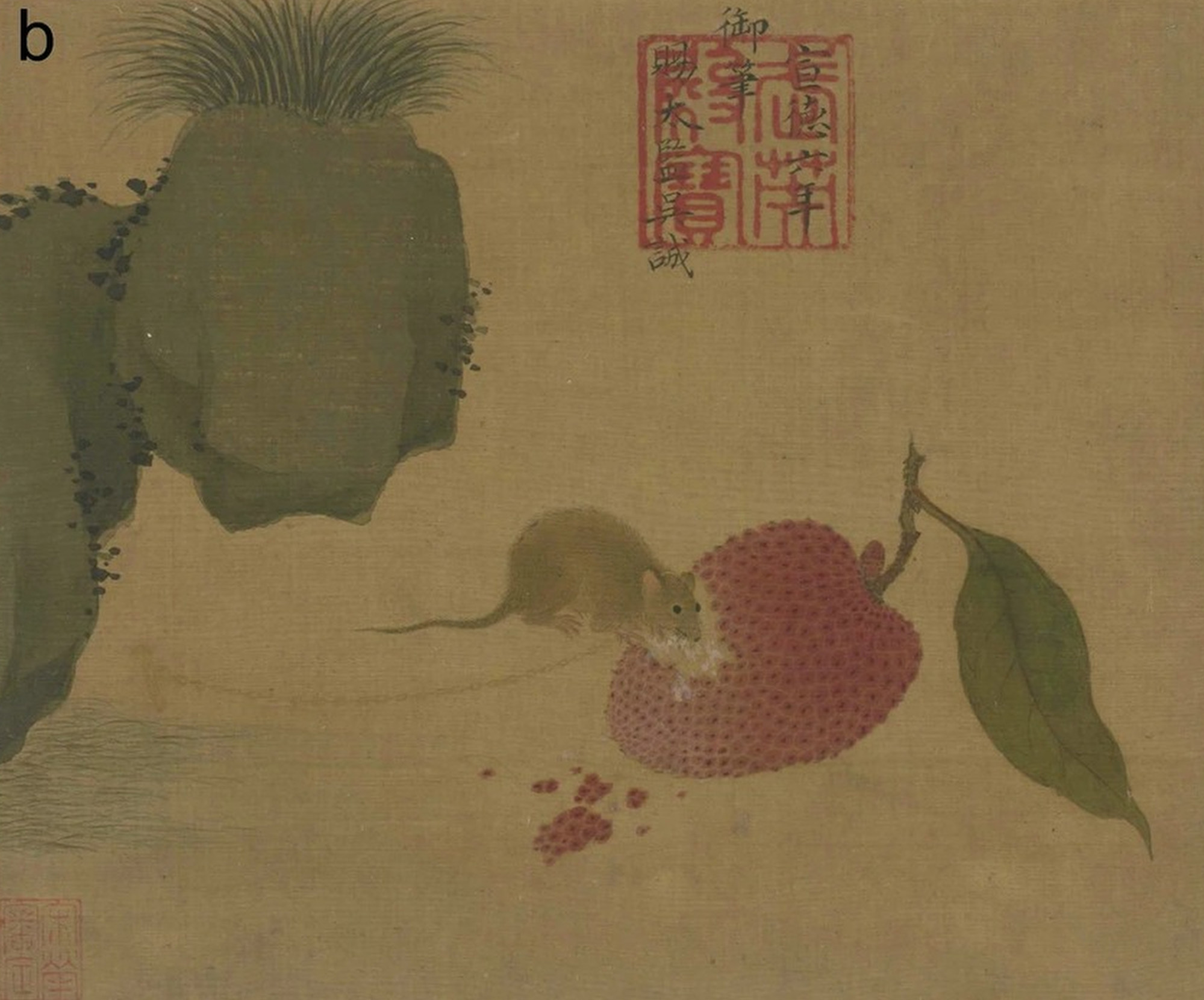 A rat wearing a collar eats a lychee in a Ming dynasty painting. Image: Handout A rat wearing a collar eats a lychee in a Ming dynasty painting. Image: Handout
