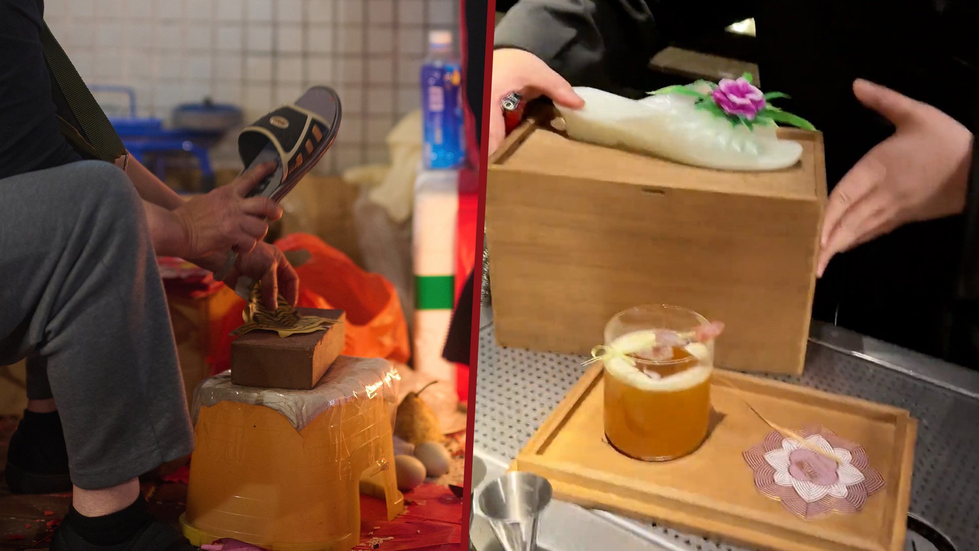 A bar in China is selling cocktails with slippers so that customers can partake in a ritual to banish bad vibes. Photo: SCMP composite/Shutterstock/Douyin