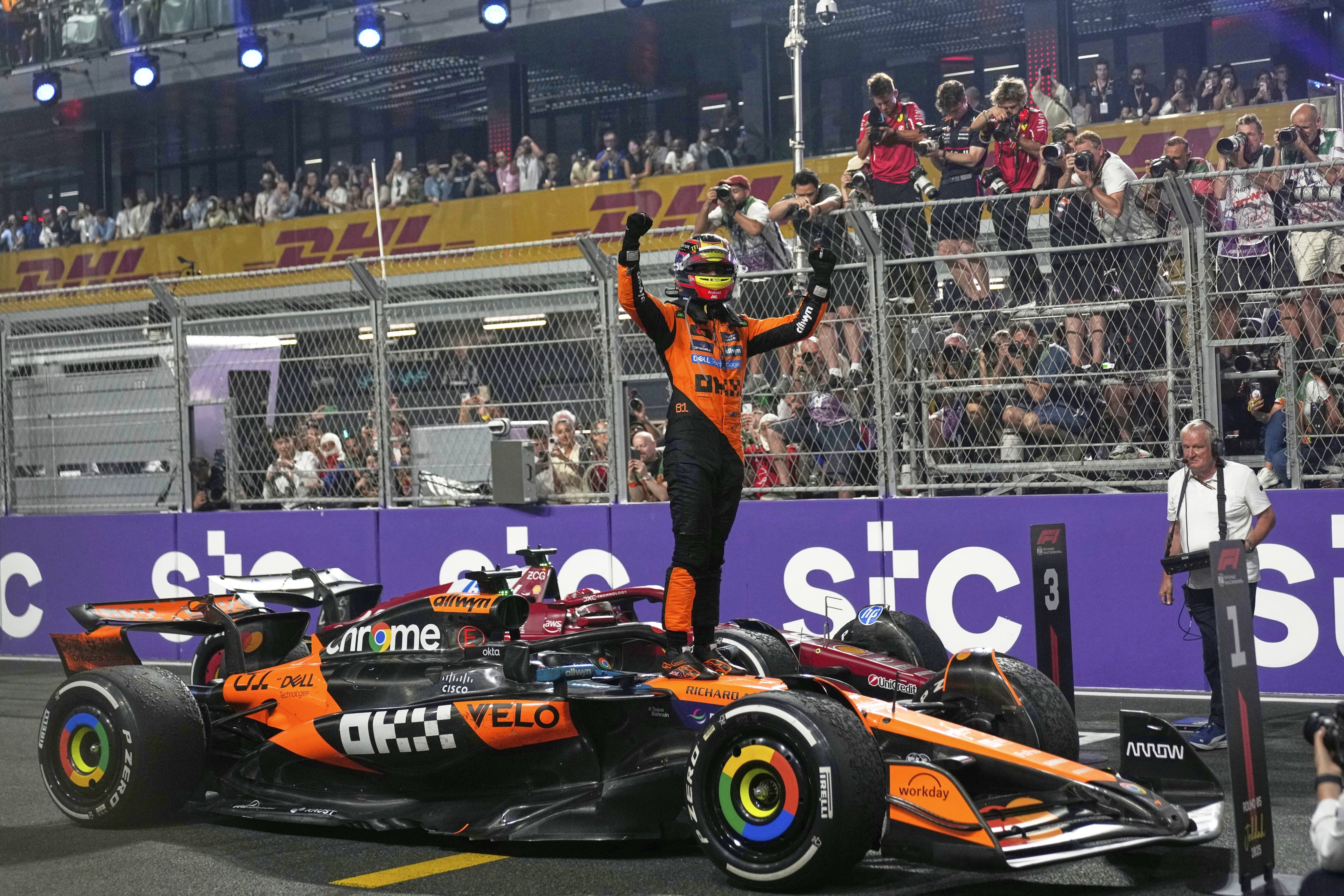 McLaren driver Oscar Piastri celebrates after winning the Saudi Arabian Grand Prix at the Jeddah Corniche Circuit. Photo: AP
