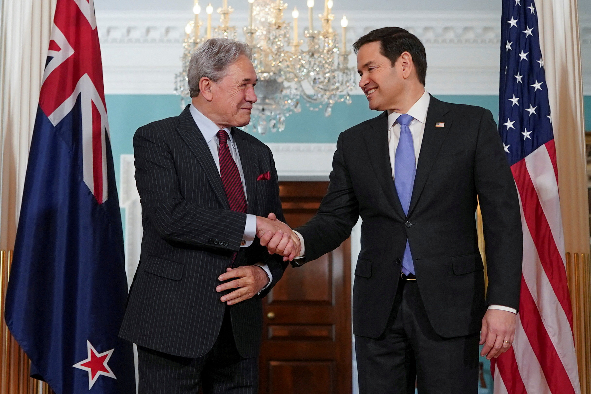 New Zealand Deputy Prime Minister Winston Peters shakes hands with US Secretary of State Marco Rubio in Washington last month. Peters leads the New Zealand First party. Photo: Reuters