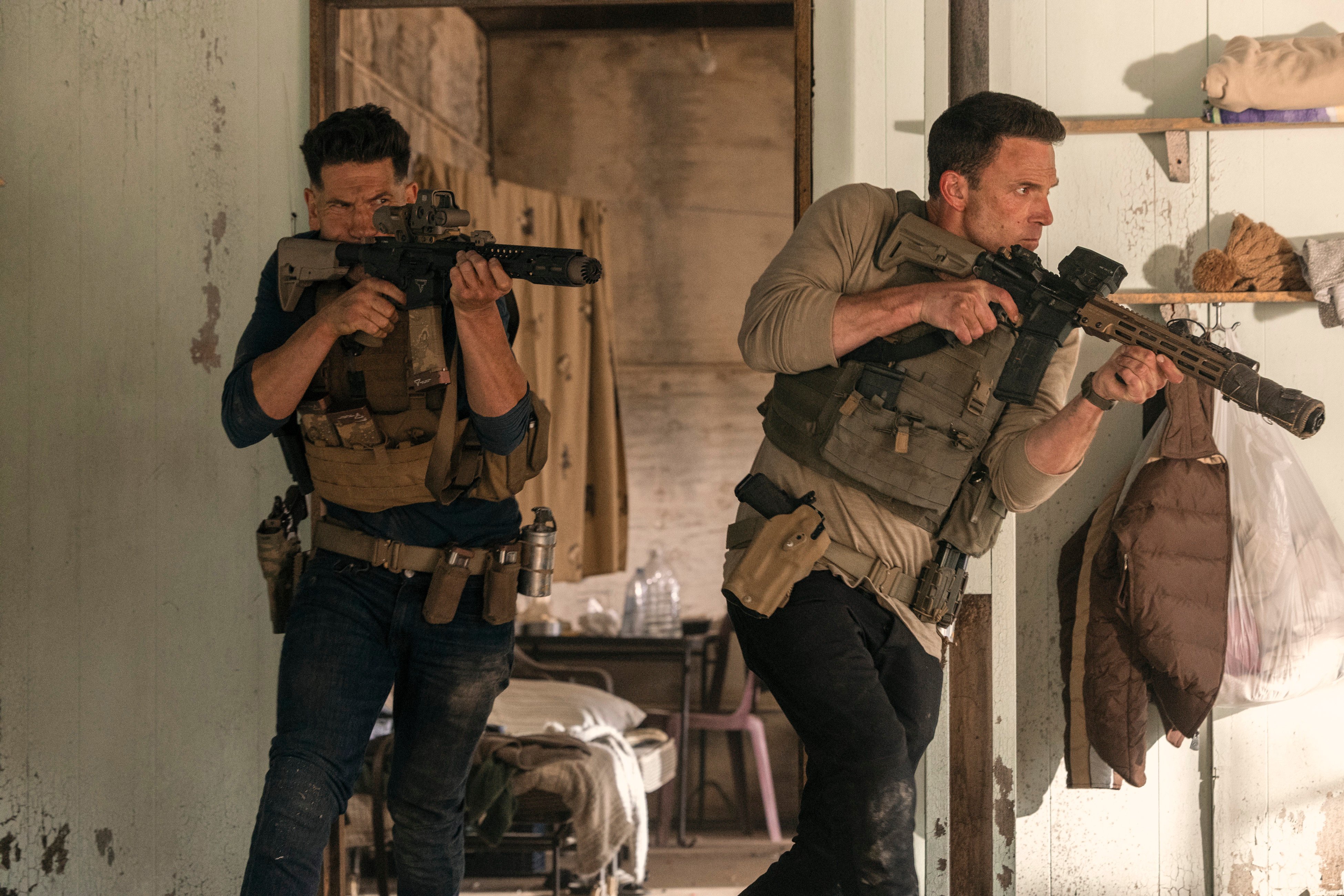 Jon Bernthal (left) as Brax and Ben Affleck as Christian Wolff in a still from The Accountant 2 (category IIB), directed by Gavin O’Connor. Cynthia Addai-Robinson co-stars. Photo: Warrick Page/Prime