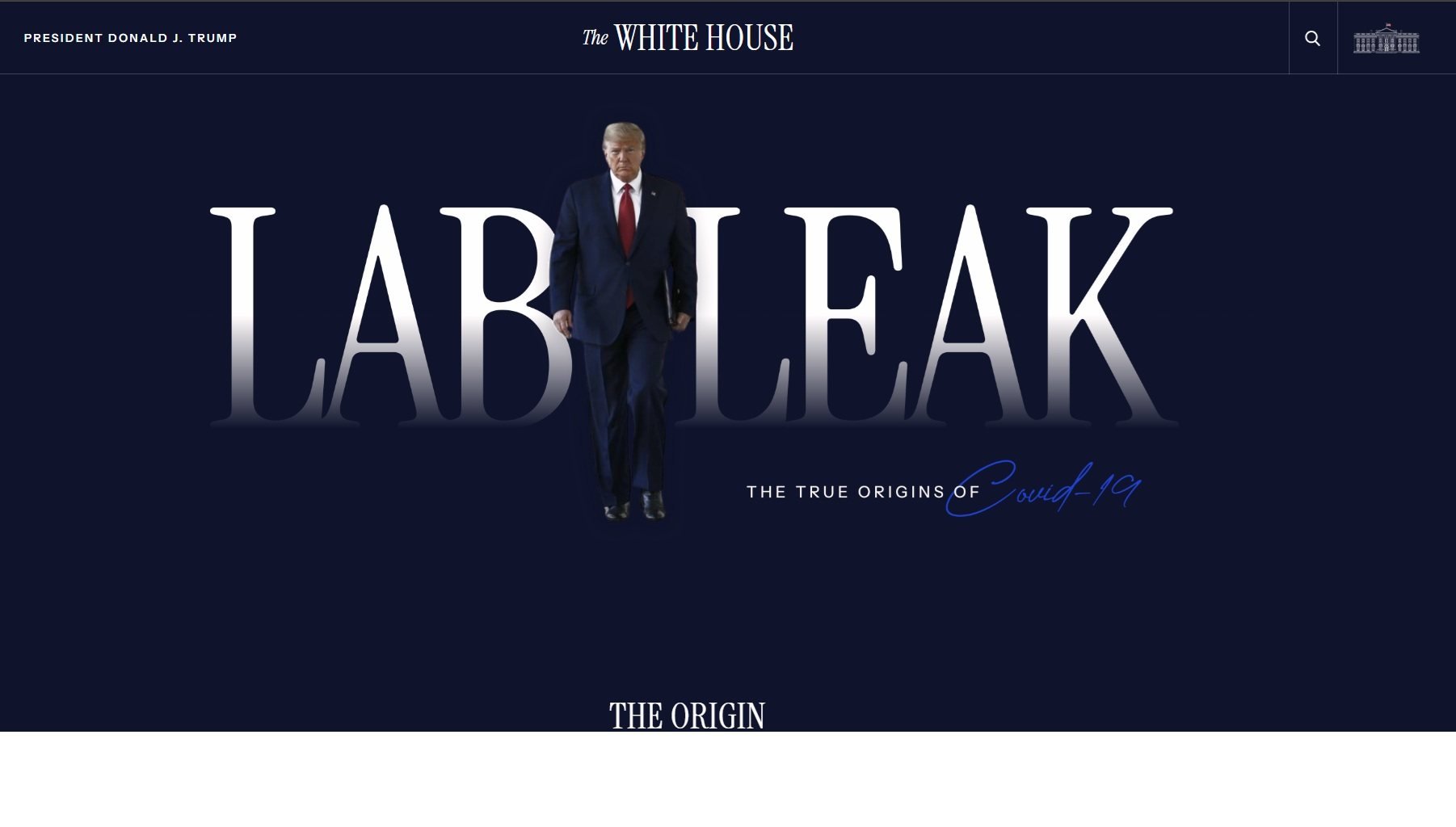 A revamped White House website about Covid-19, shown here on Friday, displays a photo of US President Donald Trump walking between the words “lab” and “leak”. Photo: Whitehouse.gov