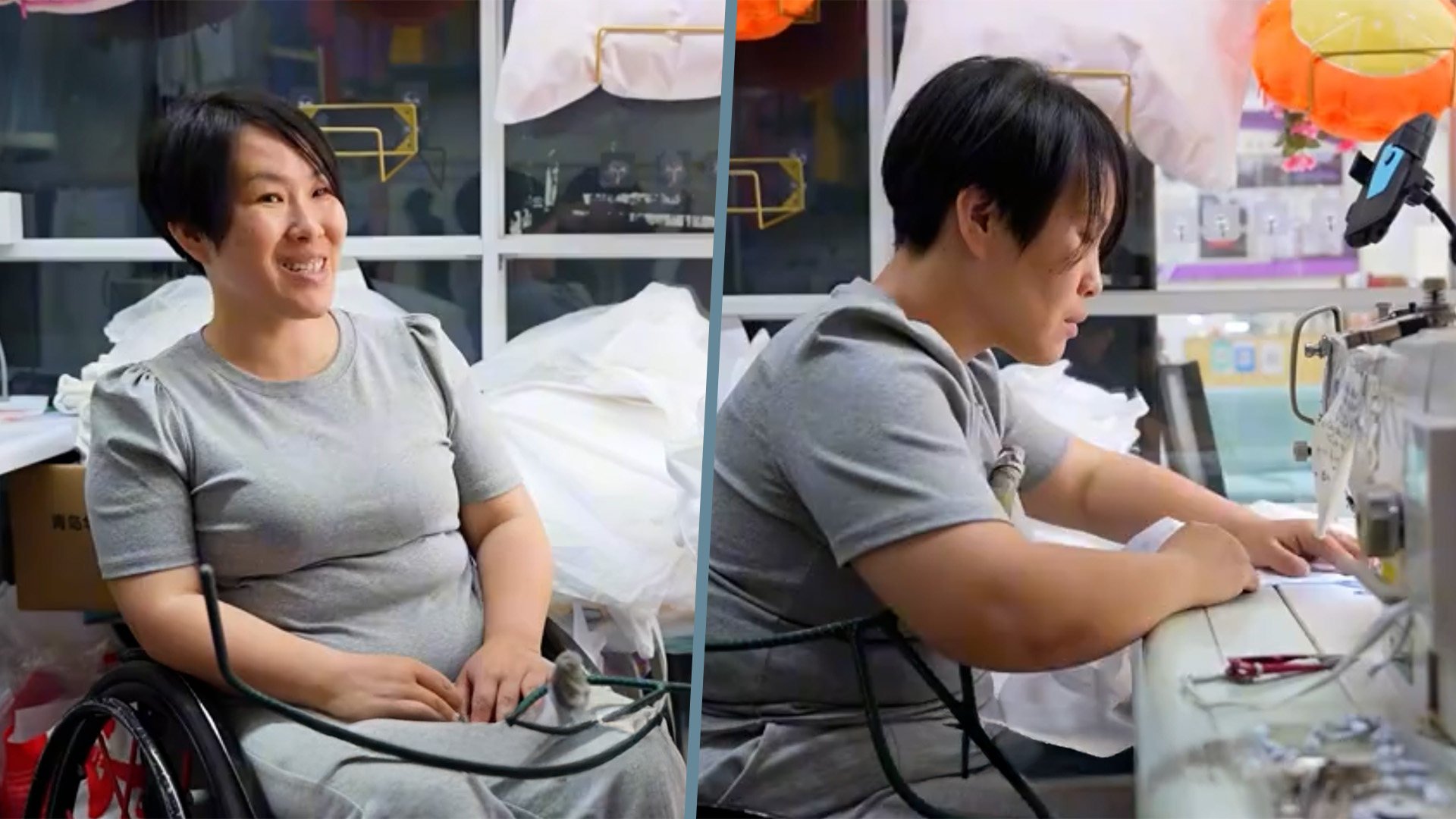 A disabled woman repairs clothes using her stomach muscles to operate a sewing machine. Photo: SCMP Composite/Douyin