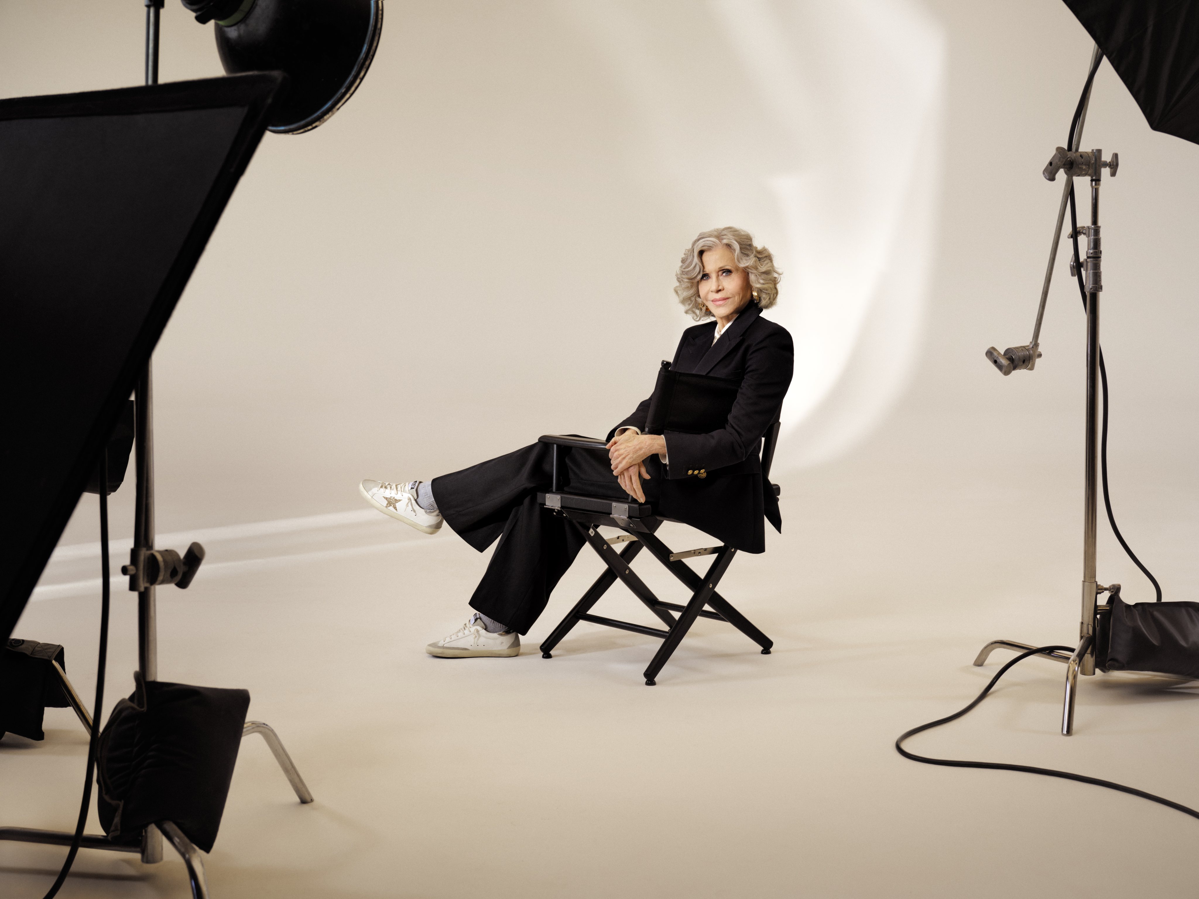White sneakers have become a chic wardrobe staple – as on-screen legend Jane Fonda shows in this campaign for Golden Goose. Photo: Handout