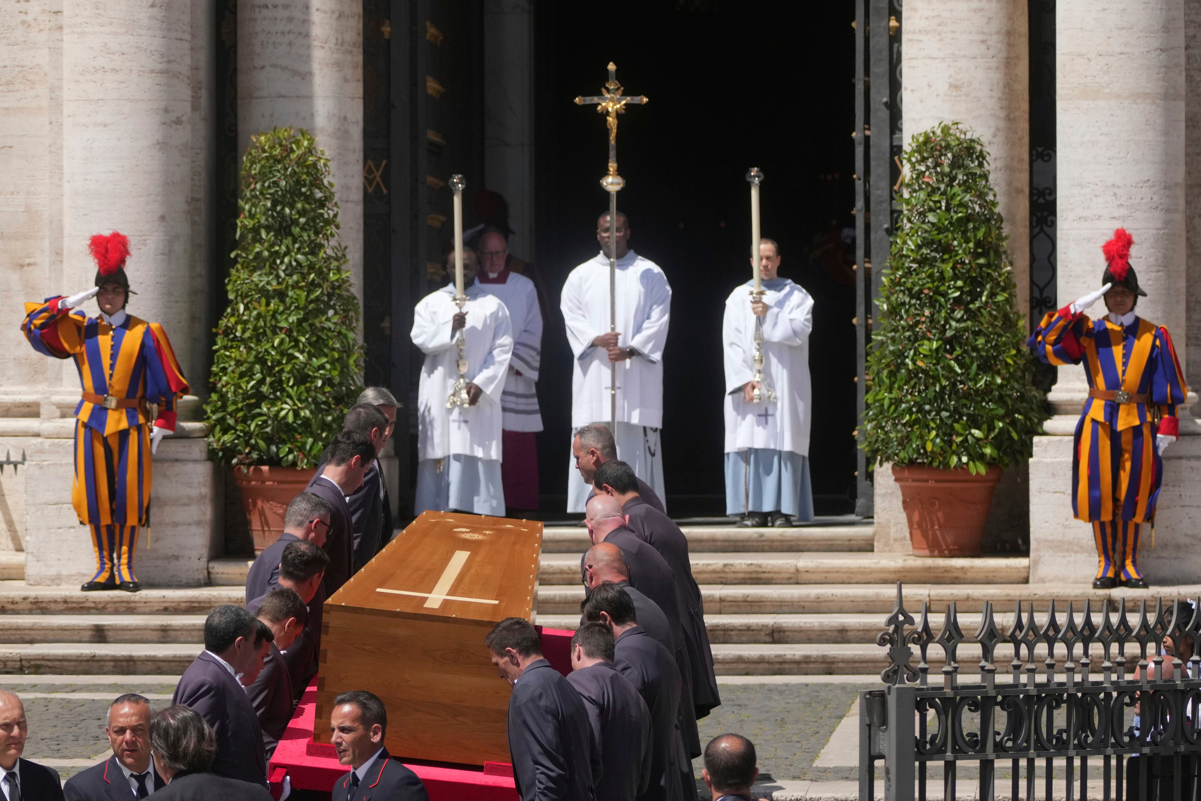 The coffin of Pope Francis arrives at St. Mary Major Basilica in Rome on Saturday. Photo: AP