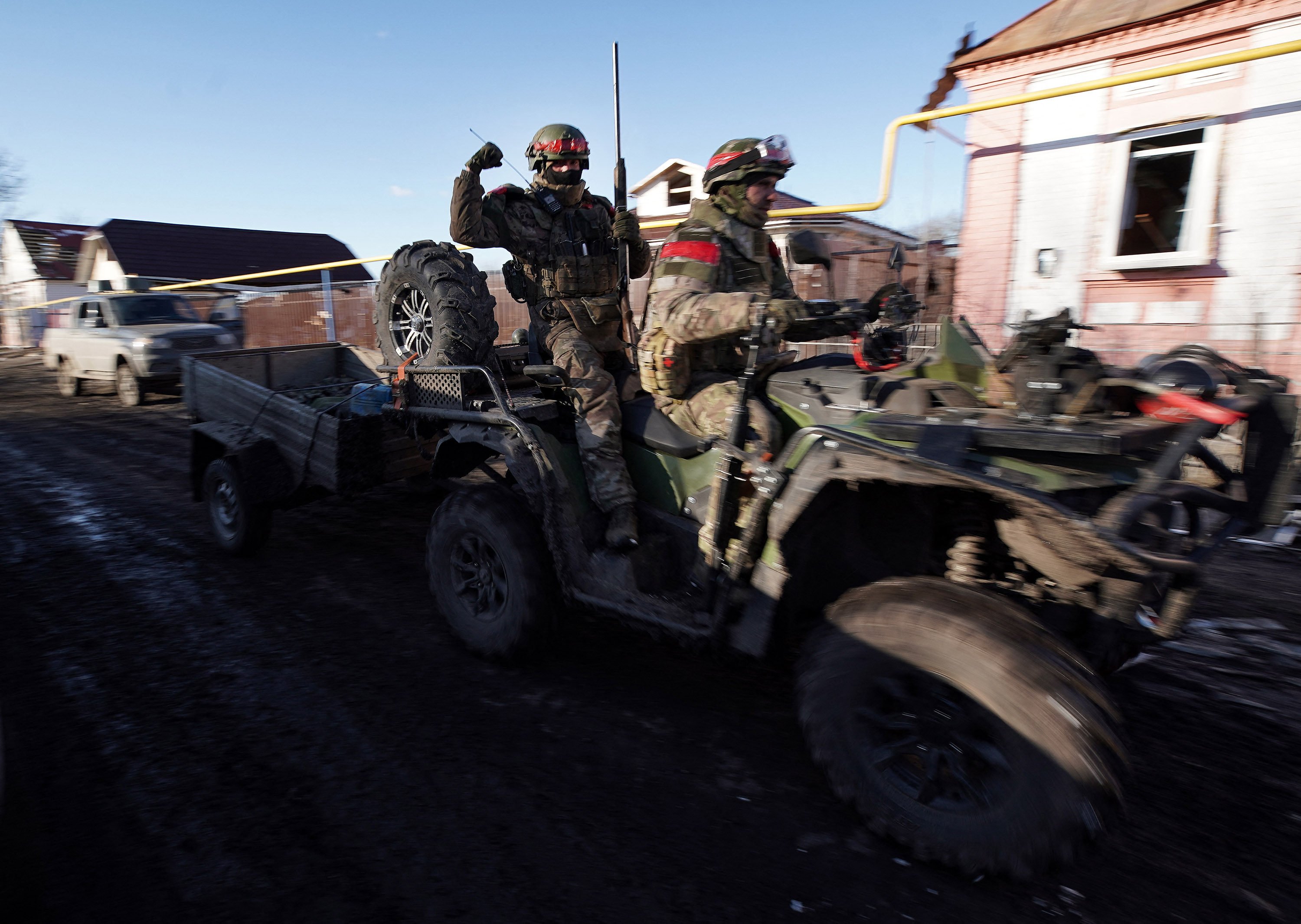 Russian soldiers ride a quad bike in the village of Kazachya Loknya, Kursk, on March 18. Photo: AFP/Getty Images/TNS