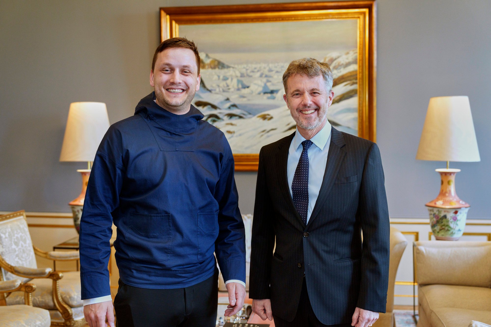 Denmark’s King Frederik (right) and Greenland’s new Prime Minister Jens-Frederik Nielsen at Amalienborg Castle in Copenhagen, Denmark on Monday. King Frederik’s trip to Greenland was postponed on Monday due to bad weather. Photo: Ritzau Scanpix via AP