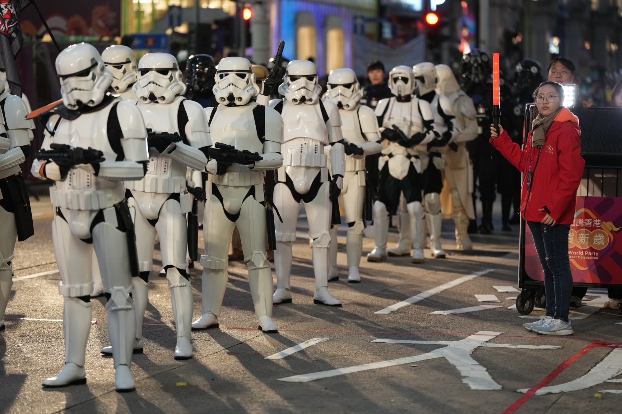 Street party performers on Canton Road in Tsim Sha Tsui during the Cathay International Chinese New Year Night Parade on 10 February 2024. Photo: Eugene Lee.