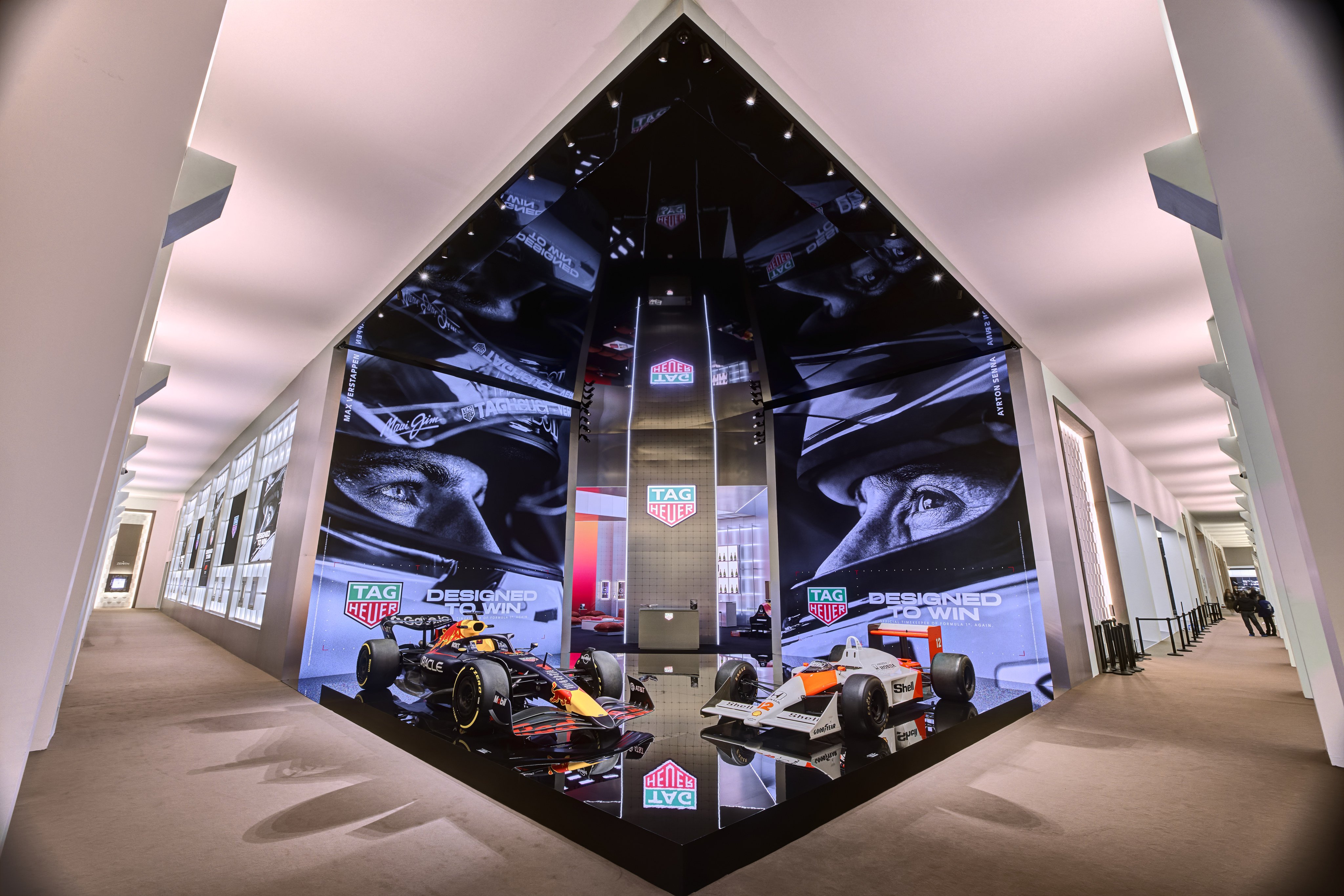 Tag Heuer’s Formula One-themed booth at Watches and Wonders 2025 showcased the Monaco F1 Split-Seconds Chronograph and an update on the Formula 1 Solargraph, as well as cars driven by Ayrton Senna and Max Verstappen. Photo: Handout