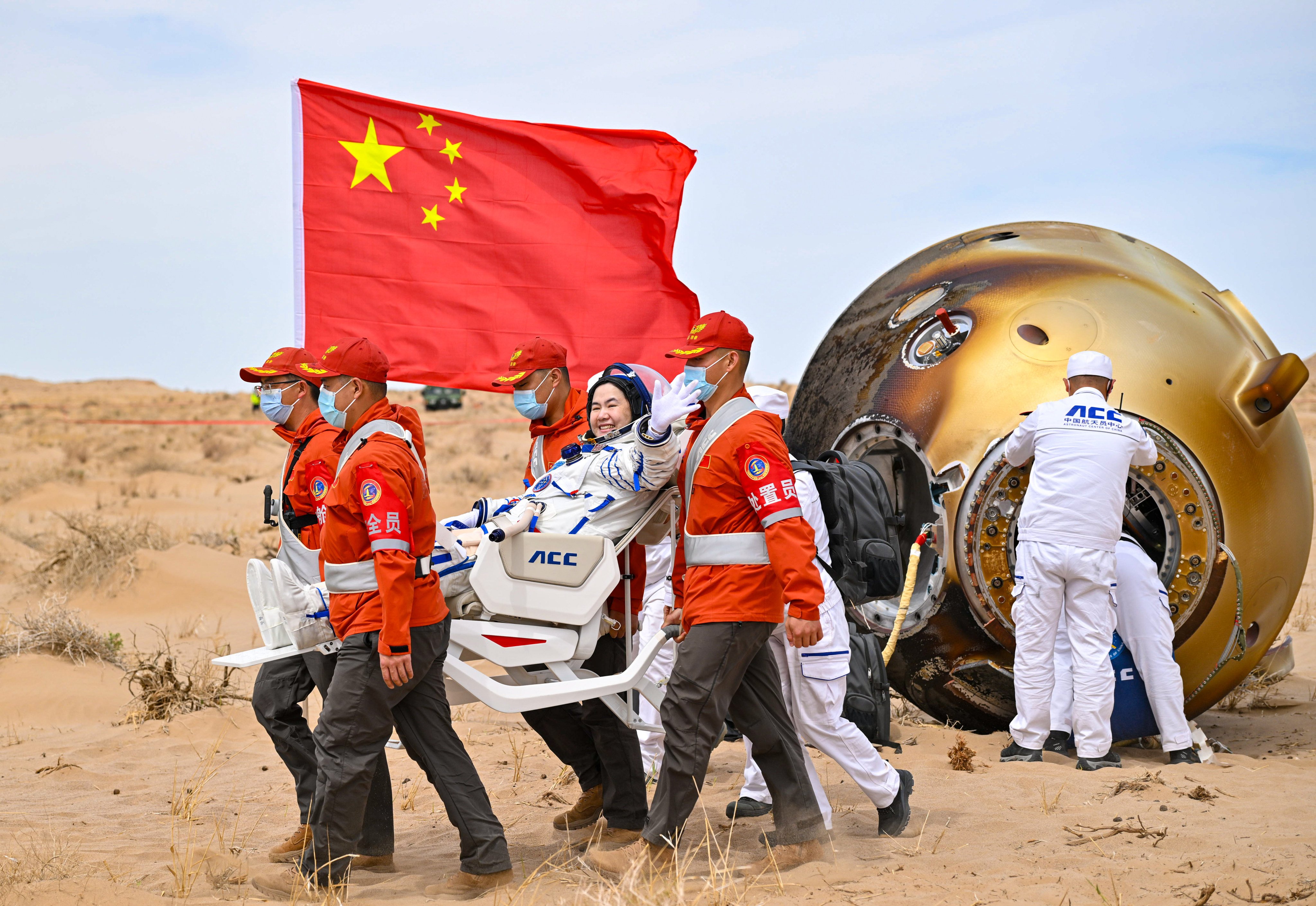 Astronaut Wang Haoze emerges from the Shenzhou-19 return capsule at the Dongfeng landing site in north China’s Inner Mongolia autonomous region on Wednesday. Photo: Xinhua