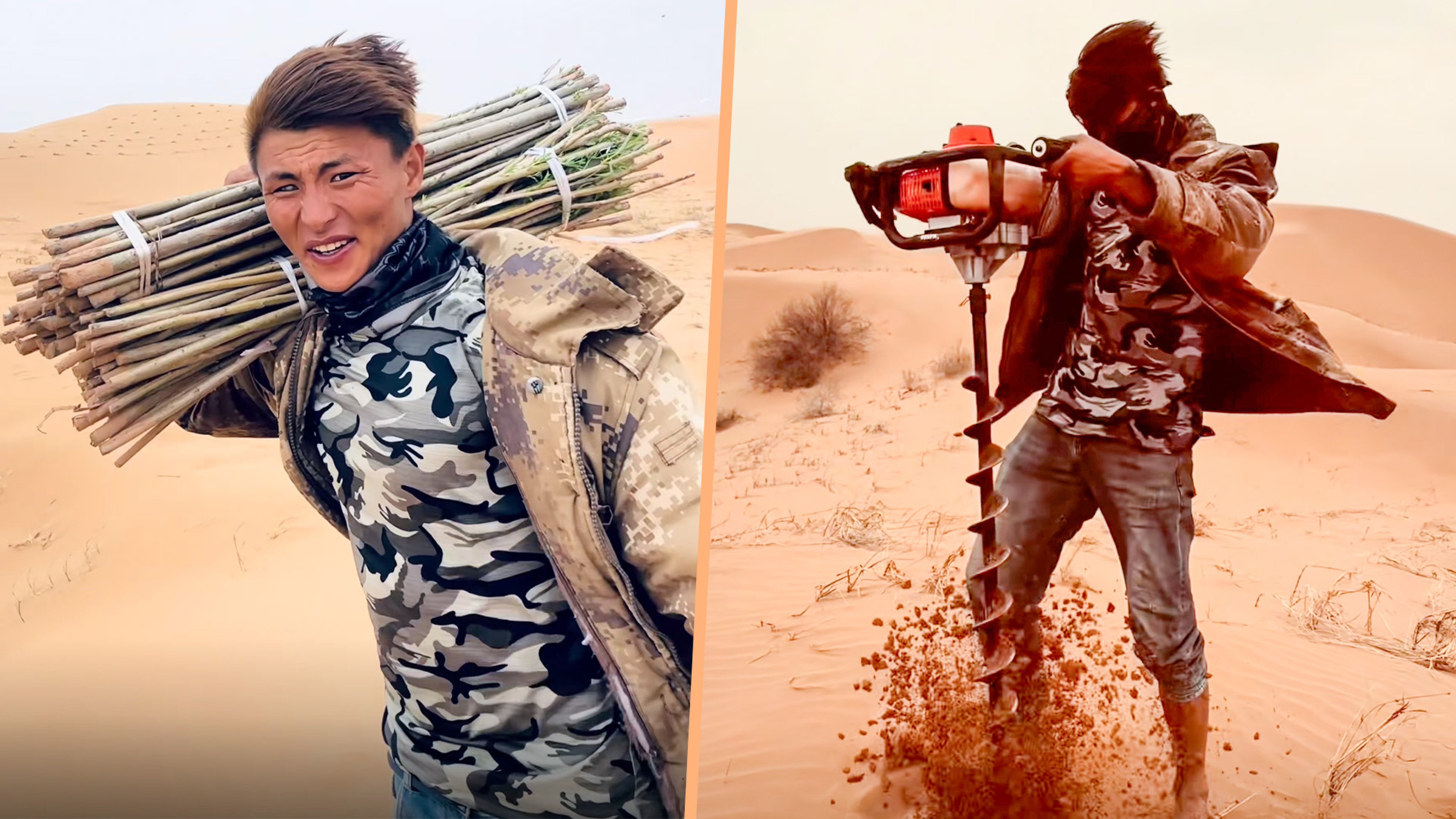 A man in China who has been dubbed “Desert Prince” combats desertification in the country by planting trees in arid regions. Photo: SCMP composite/Douyin