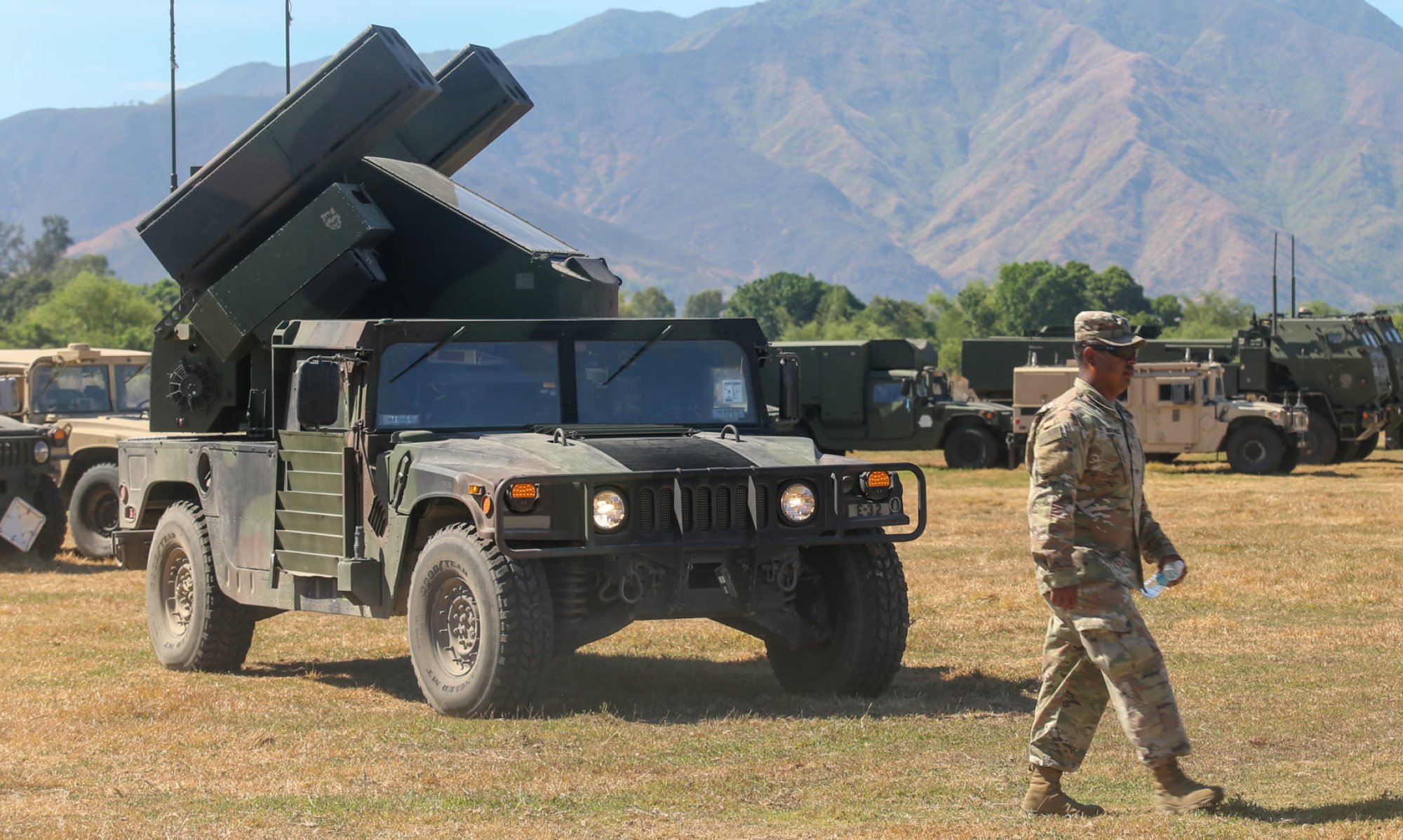 A US marine walks beside an Avenger air defence system during an integrated air and missile defence demonstration at a training camp in San Antonio, northern Philippines, on Sunday. Photo: Jeoffrey Maitem A US marine walks beside an Avenger air defence system during an integrated air and missile defence demonstration at a training camp in San Antonio, northern Philippines, on Sunday. Photo: Jeoffrey Maitem