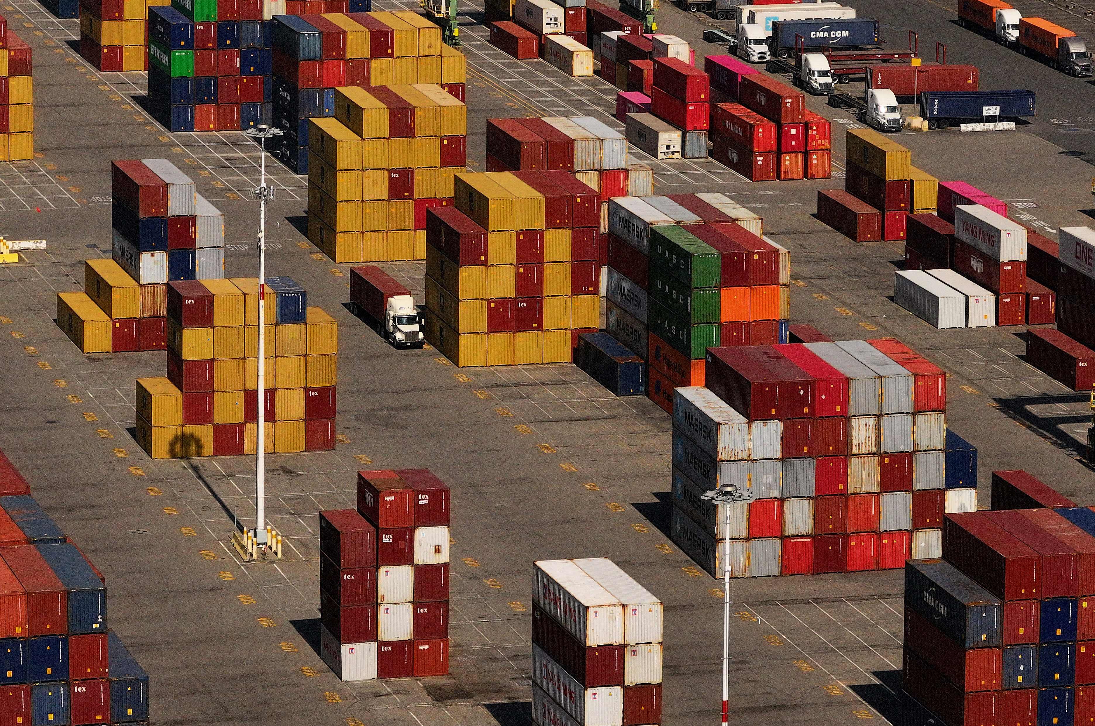 Shipping containers stacked at the Port of Oakland on April 28. Photo: Getty Images/AFP