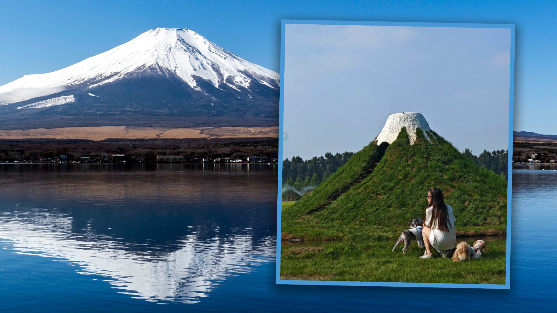 China’s internet users mocked a tourist destination in the mainland that features a hilltop painted white to mimic Mount Fuji. Photo: SCMP composite/Shutterstock/RedNote