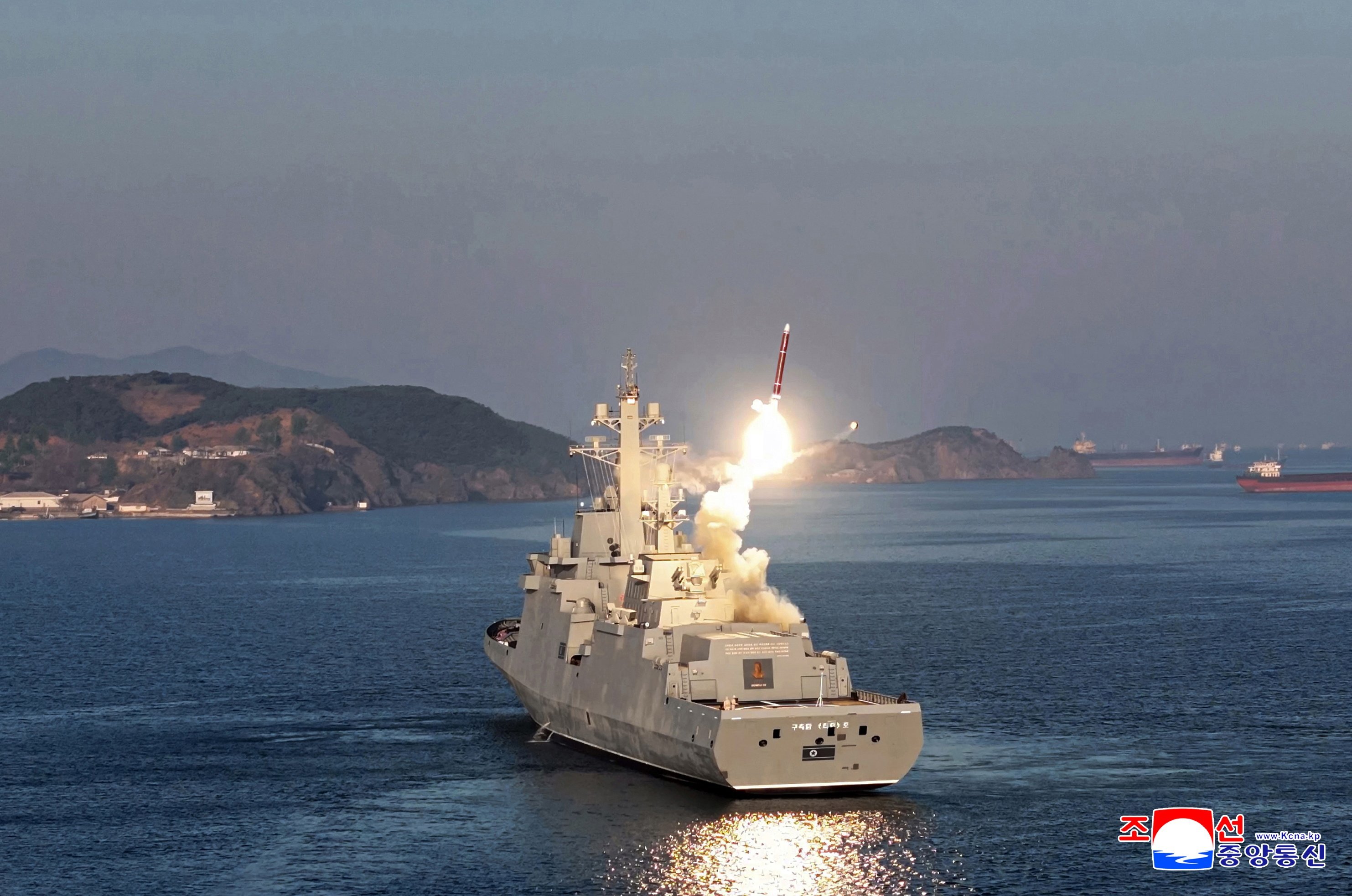 North Korea’s first destroyer, the Choe Hyon,  conducts a test firing of its weapon systems at an undisclosed location on Monday. Photo: KCNA/EPA-EFE