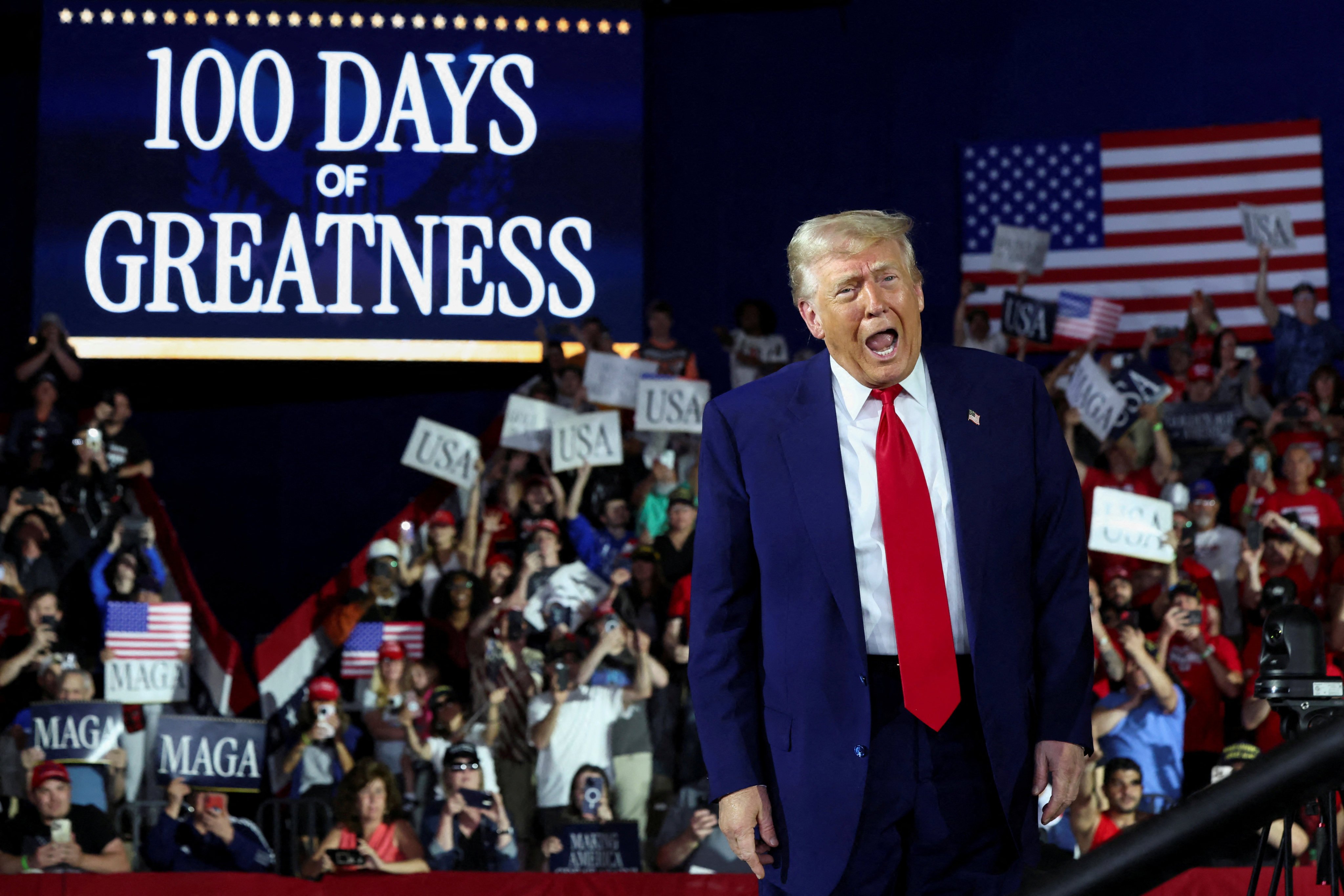US President Donald Trump holds a rally in Warren, Michigan, on Tuesday to mark his 100th day in office. Photo: Reuters