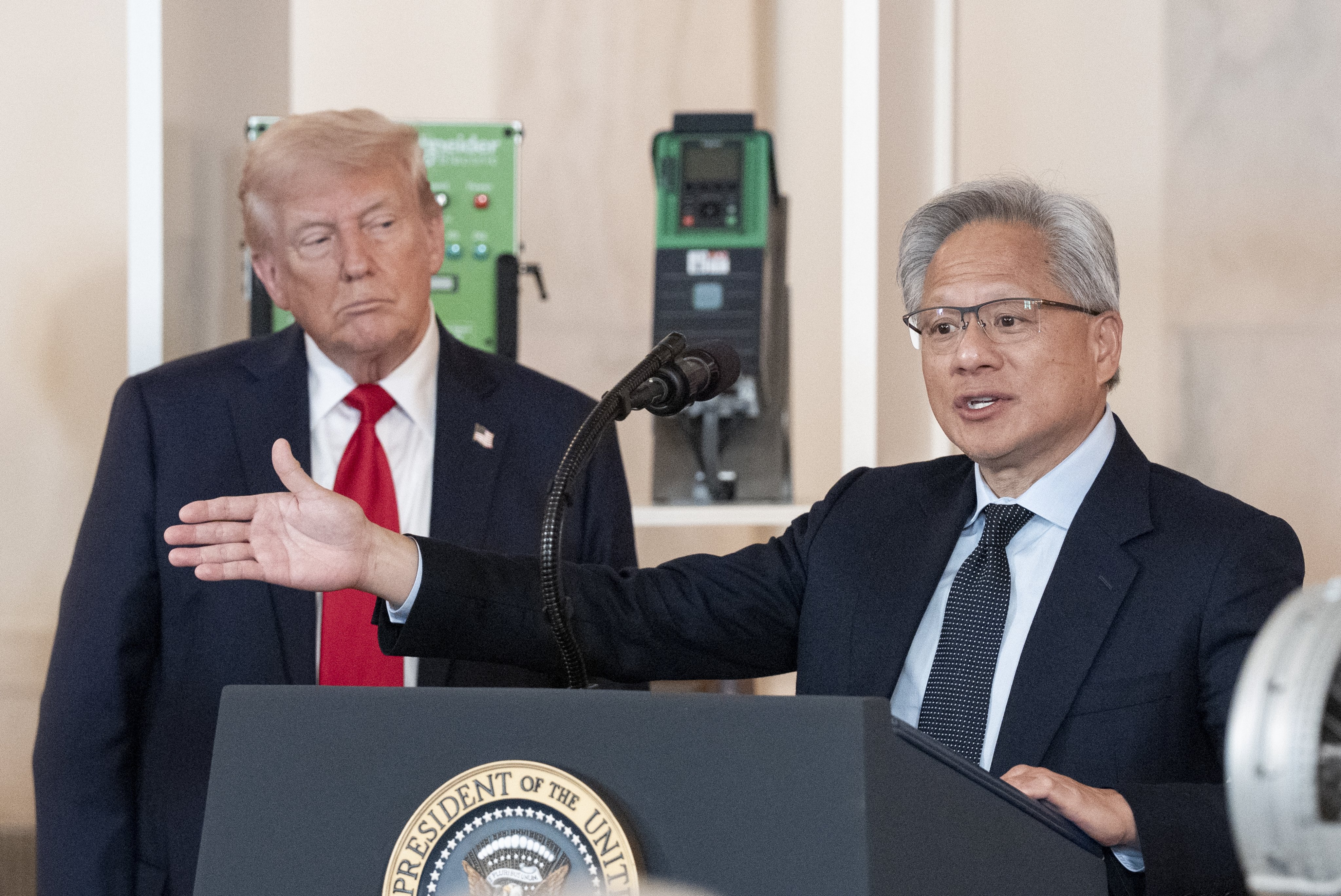 Nvidia CEO Jensen Huang (right) speaks as US President Donald Trump looks on during the ‘Investing in America’ event at the White House on Wednesday. Photo: EPA-EFE