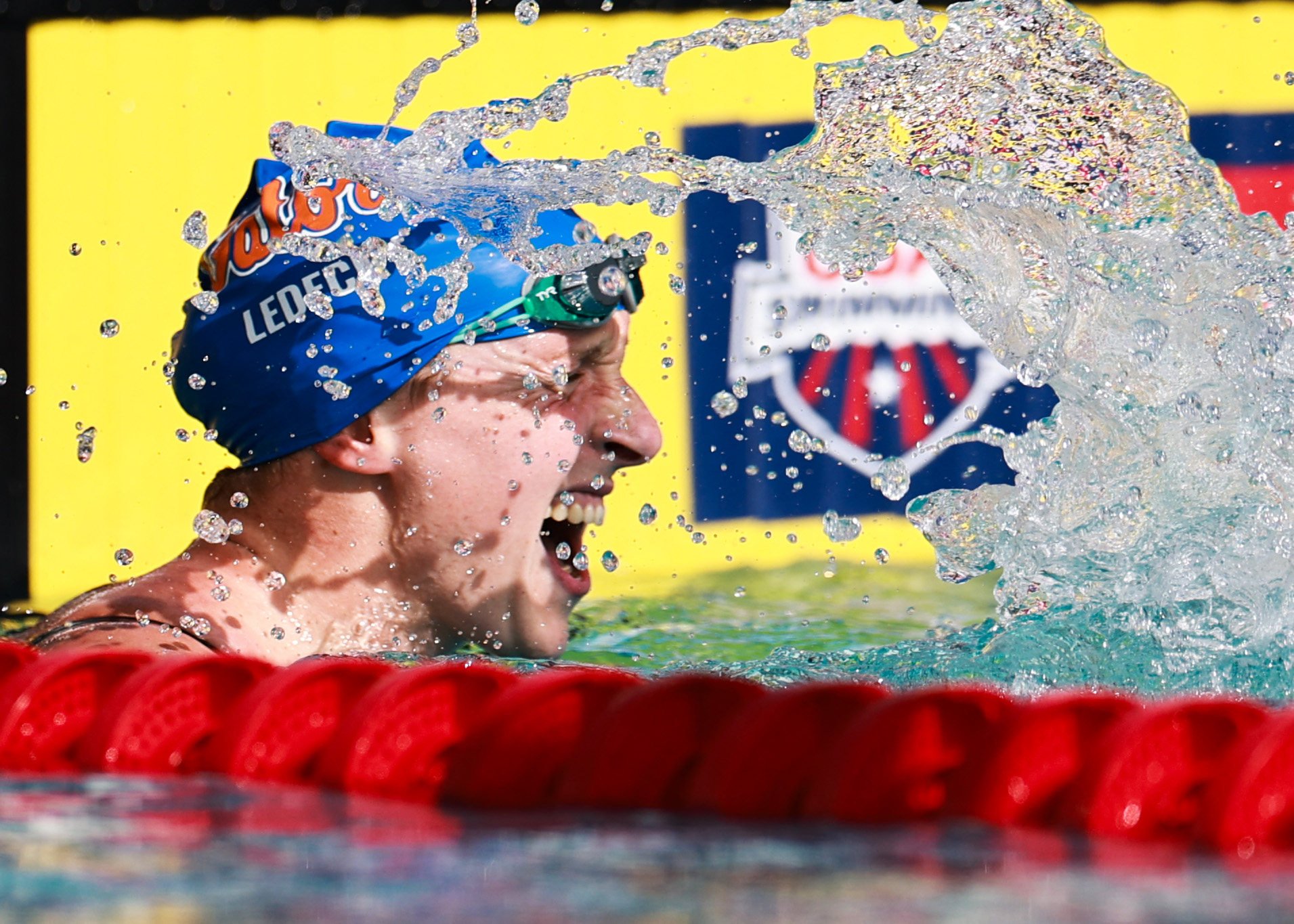 Olympic champion Katie Ledecky reacts to her finish in the first heat of the 1,500m freestyle at Fort Lauderdale Aquatic Center on Wednesday in Florida. Photo: AFP