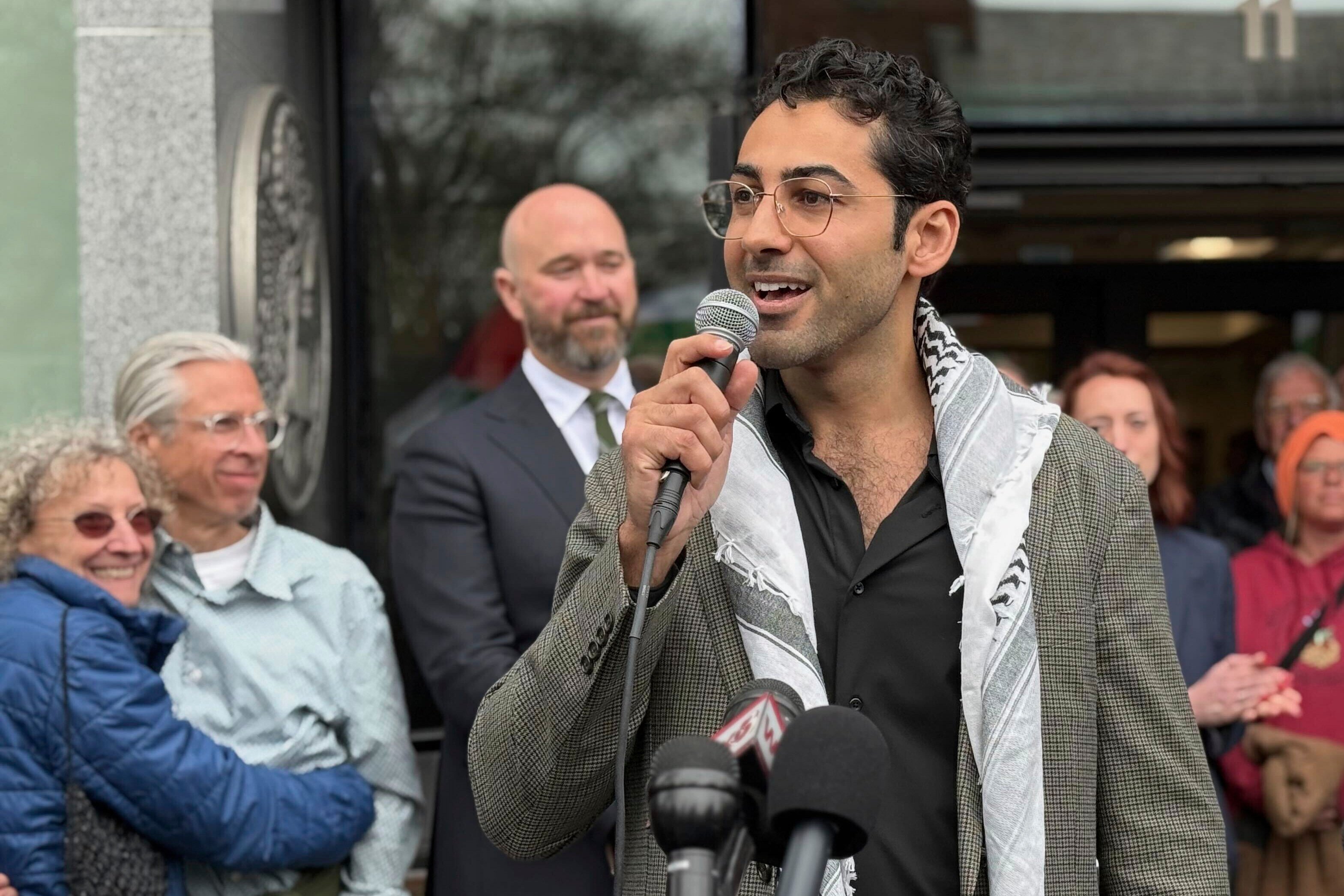Mohsen Mahdawi speaks outside the courthouse in Burlington, Vermont, after he was released on bail on Wednesday. Photo: AP