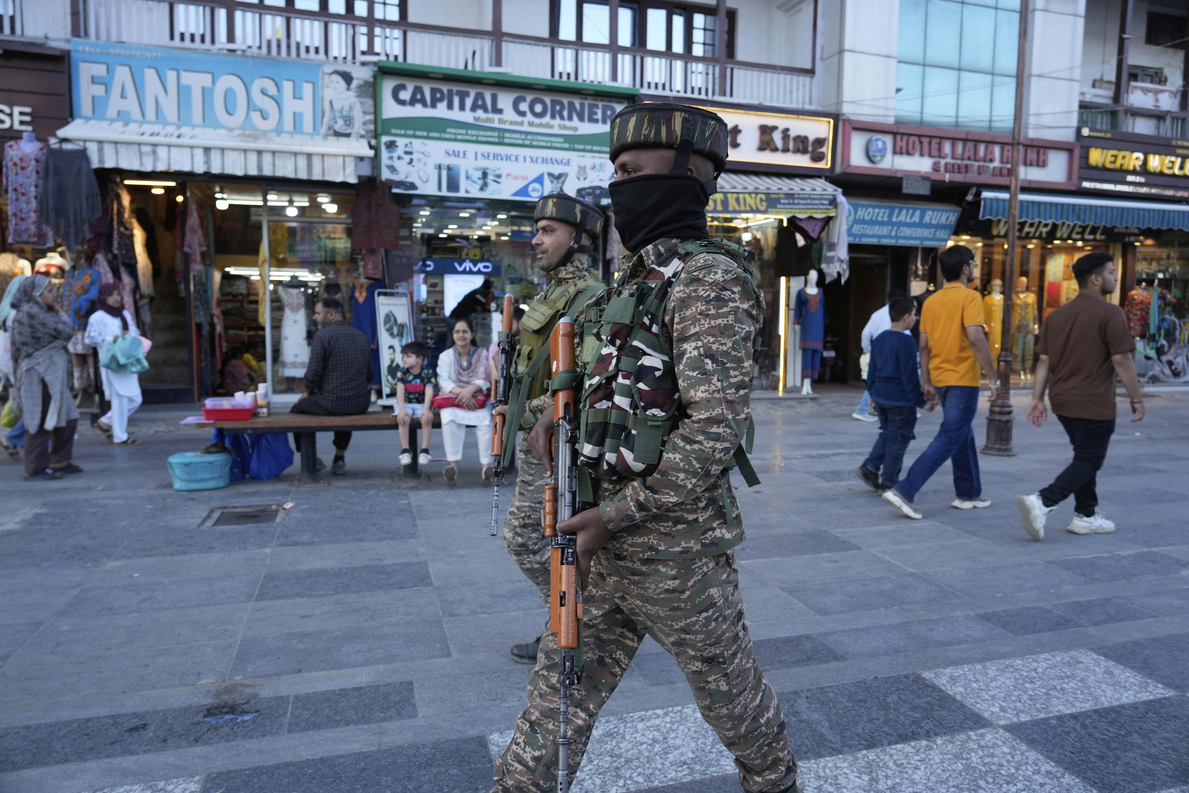 Indian paramilitary soldiers patrol a market in Srinagar, Kashmir, on April 29. Photo: AP