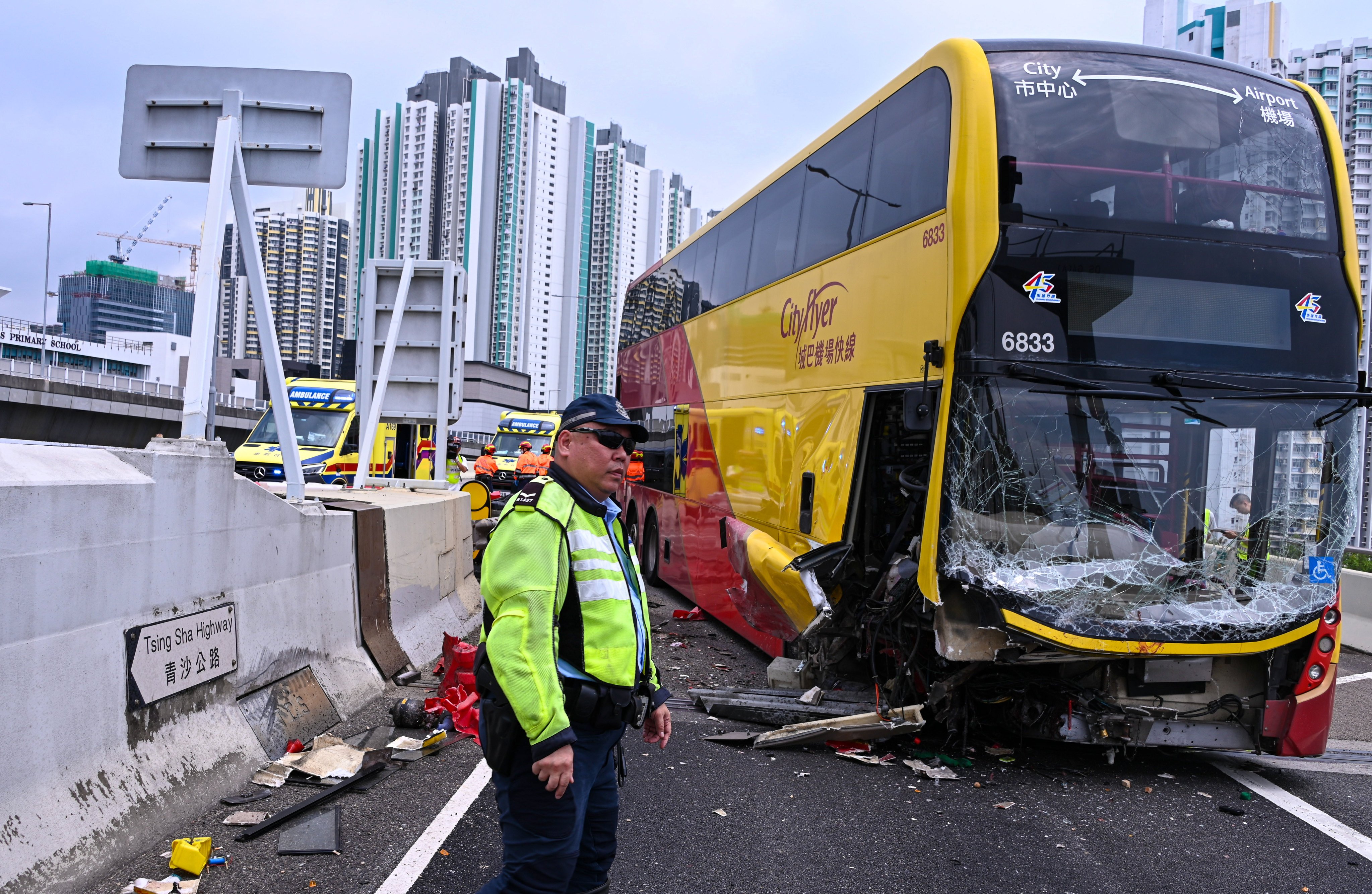 The vehicle operated by Citybus appeared to have hit water barriers. Emergency services, including at least three fire engines, were spotted at the scene. Photo: Handout