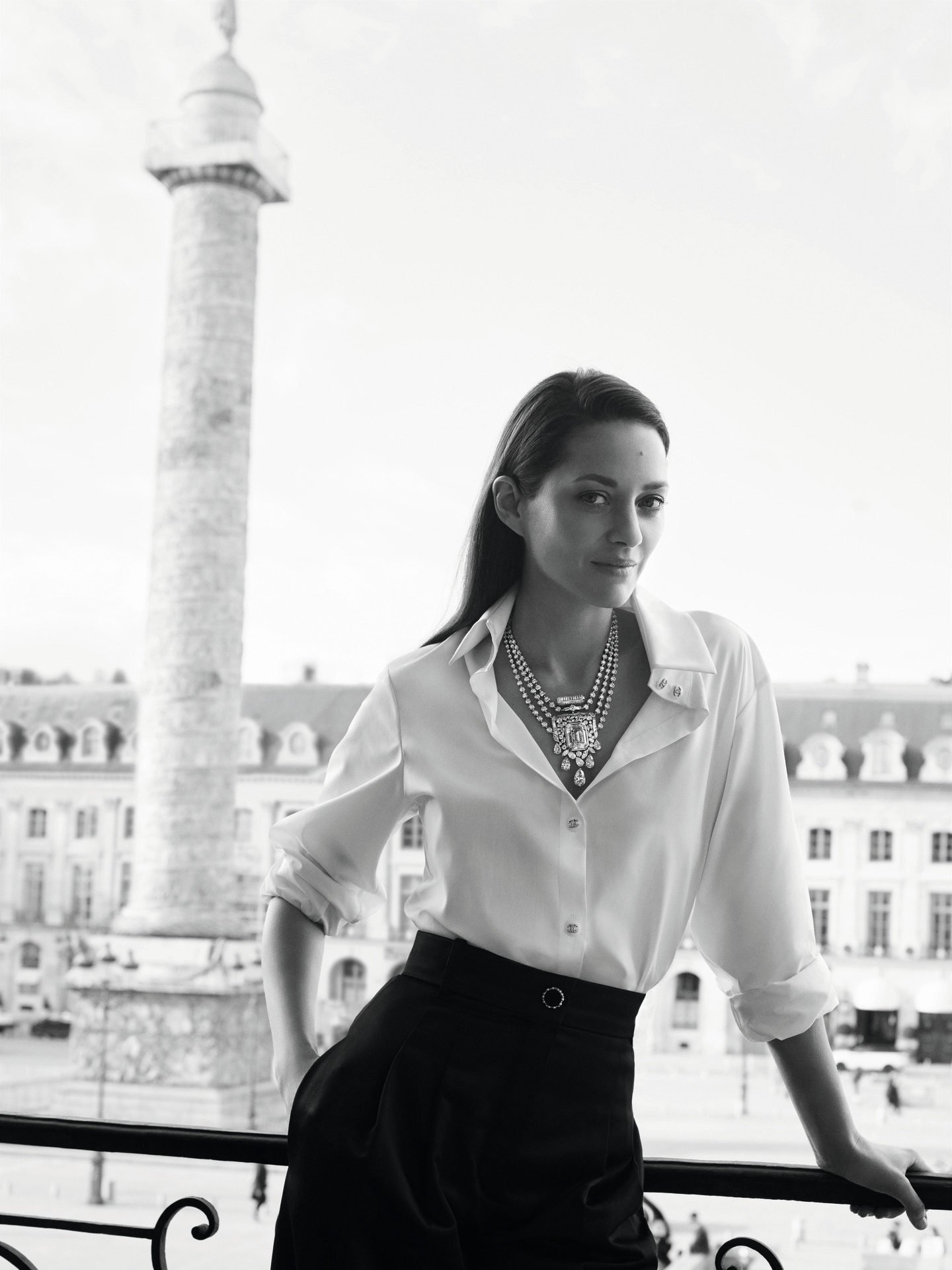 Marion Cotillard wearing the Chanel Collection N°5 55.55 necklace, showcasing a 55.55-carat diamond. Photo: Handout